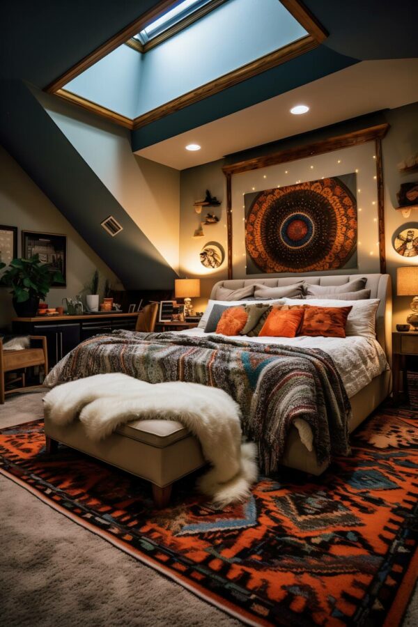 A Bohemian-Inspired Bedroom Featuring A Maroon And Cream Color Scheme With A Central Patterned Rug, Plush Bedding, And A Decorative Mandala Tapestry.