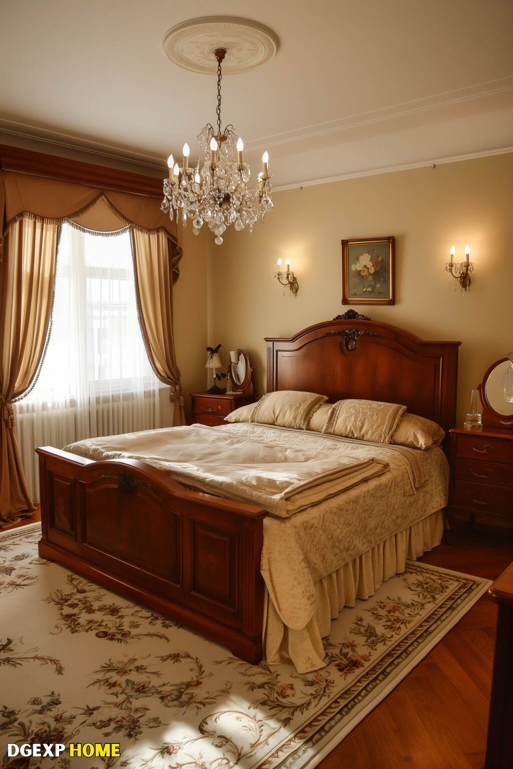 Luxurious Biedermeier Bedroom With A Carved Wooden Bed, Matching Nightstands, And A Crystal Chandelier.