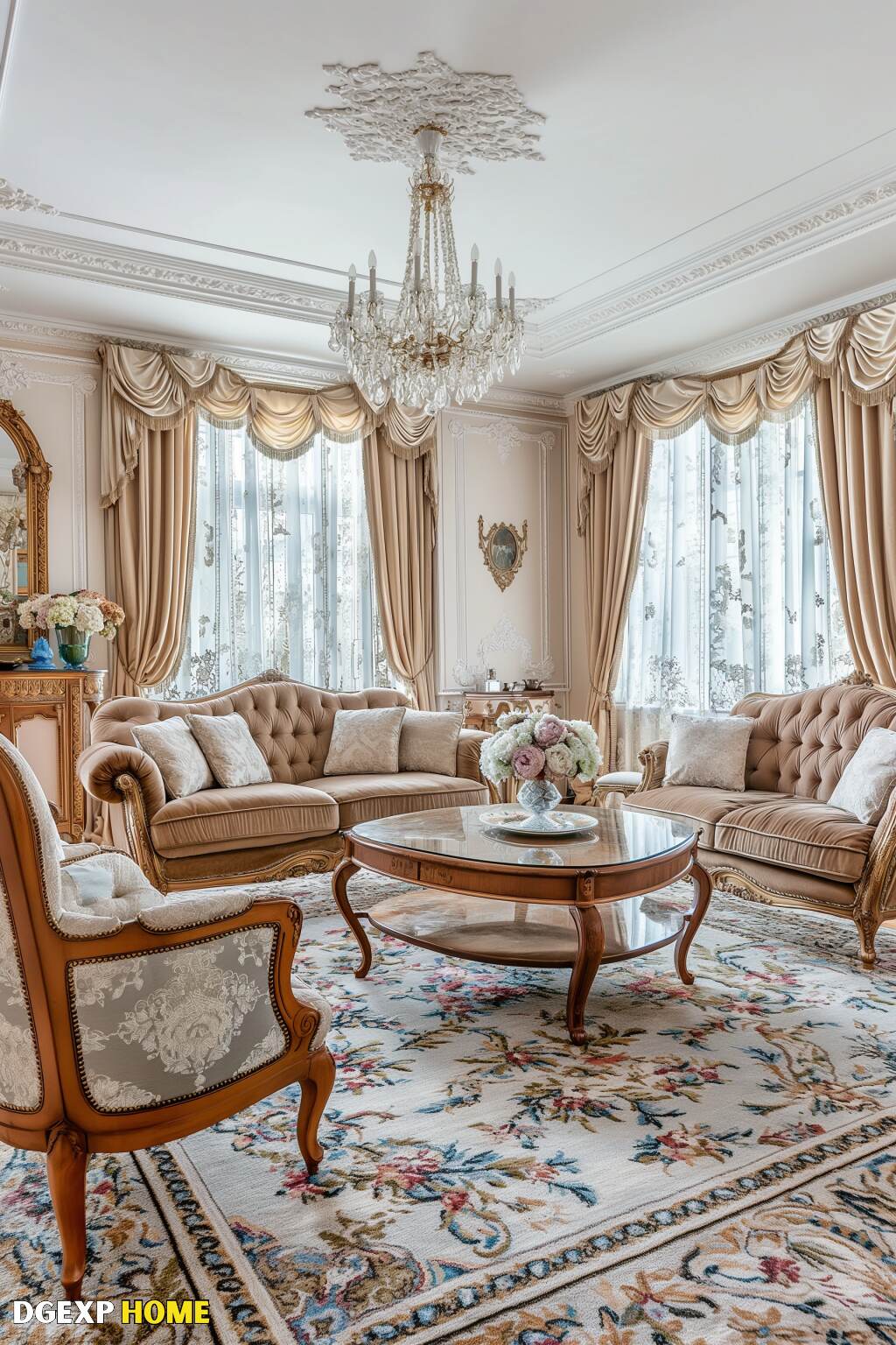 Classic Art Nouveau Living Room With A Grand Chandelier And Sophisticated Furniture.