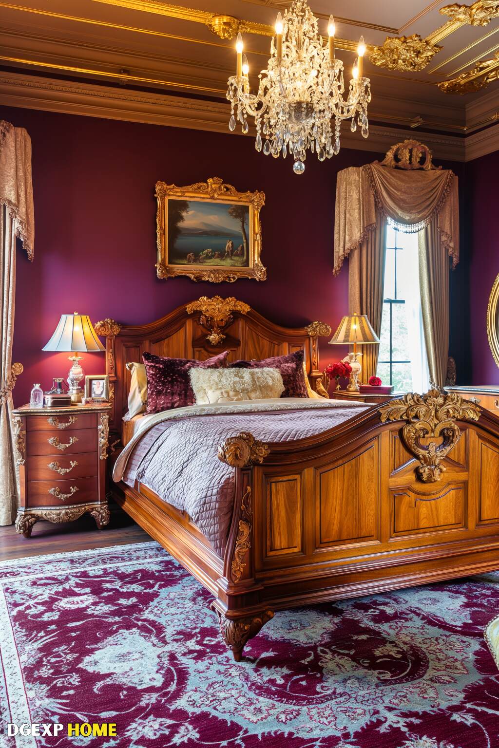 Lavish Biedermeier Bedroom With Purple Walls, Carved Wooden Bed, And Grand Chandelier.
