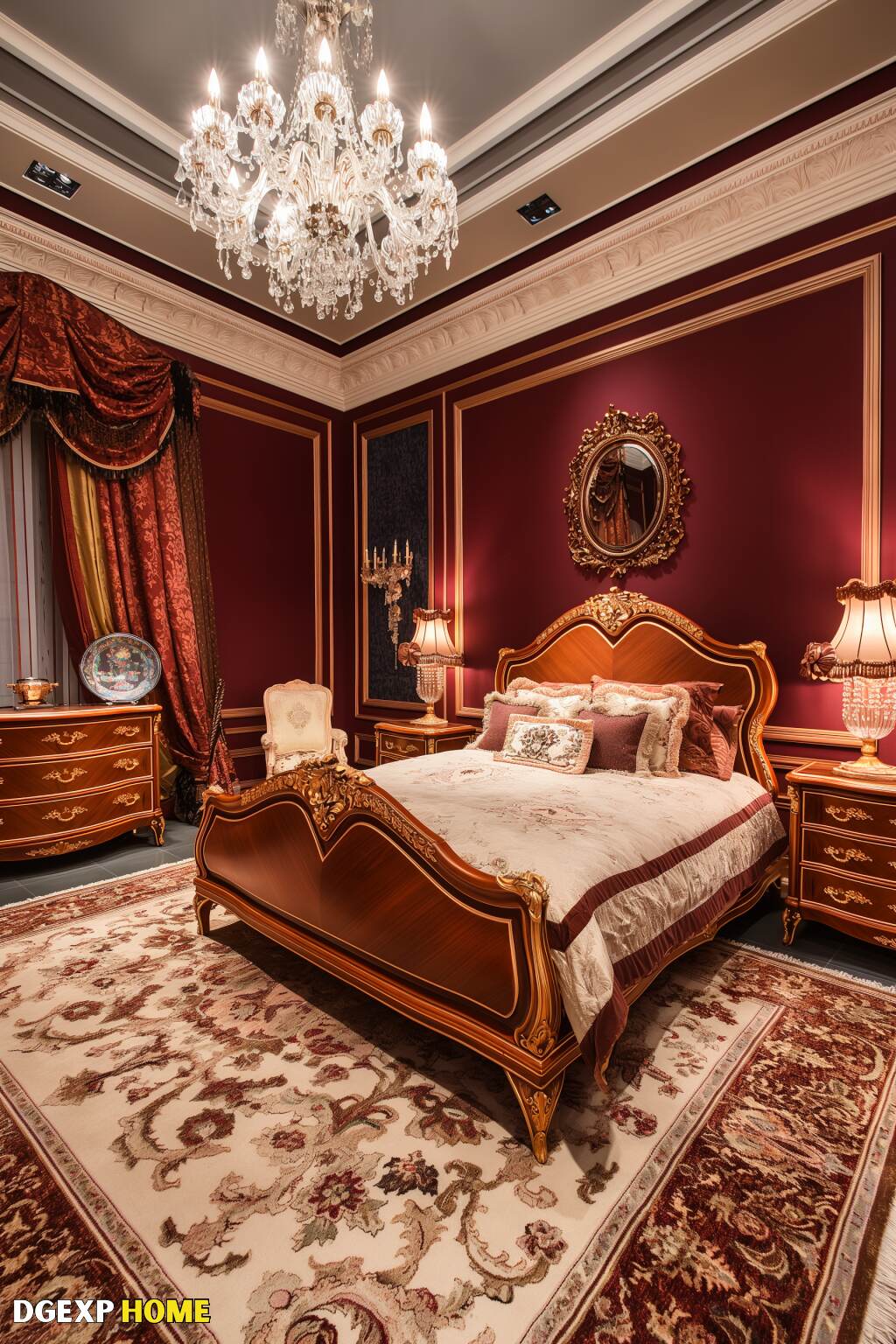 Luxurious Biedermeier Bedroom With A Carved Wooden Bed, Gold Trim, Rich Red Walls, And A Crystal Chandelier.