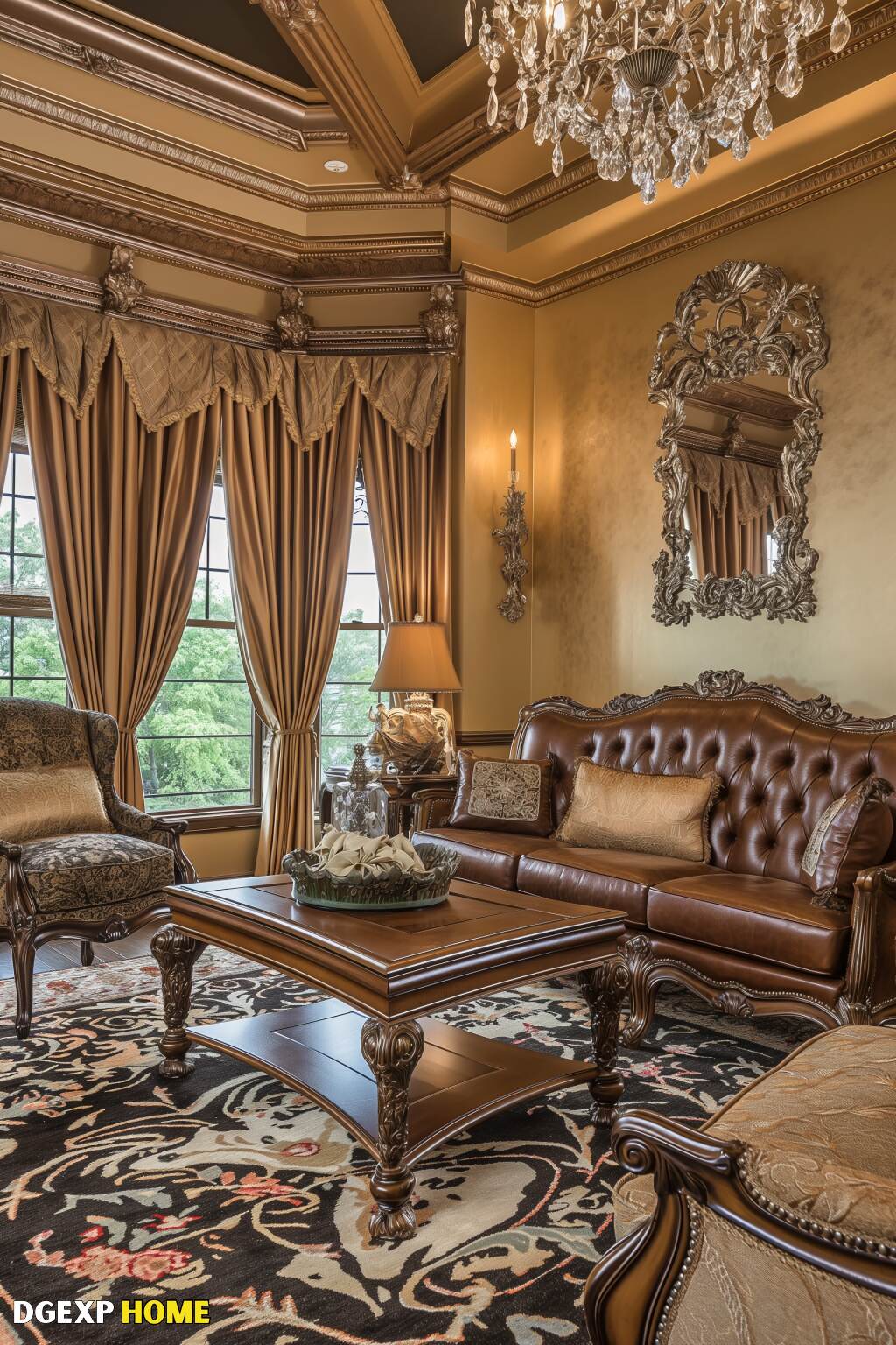 Timeless Art Nouveau Living Room With An Exquisite Chandelier And Richly Upholstered Furniture.