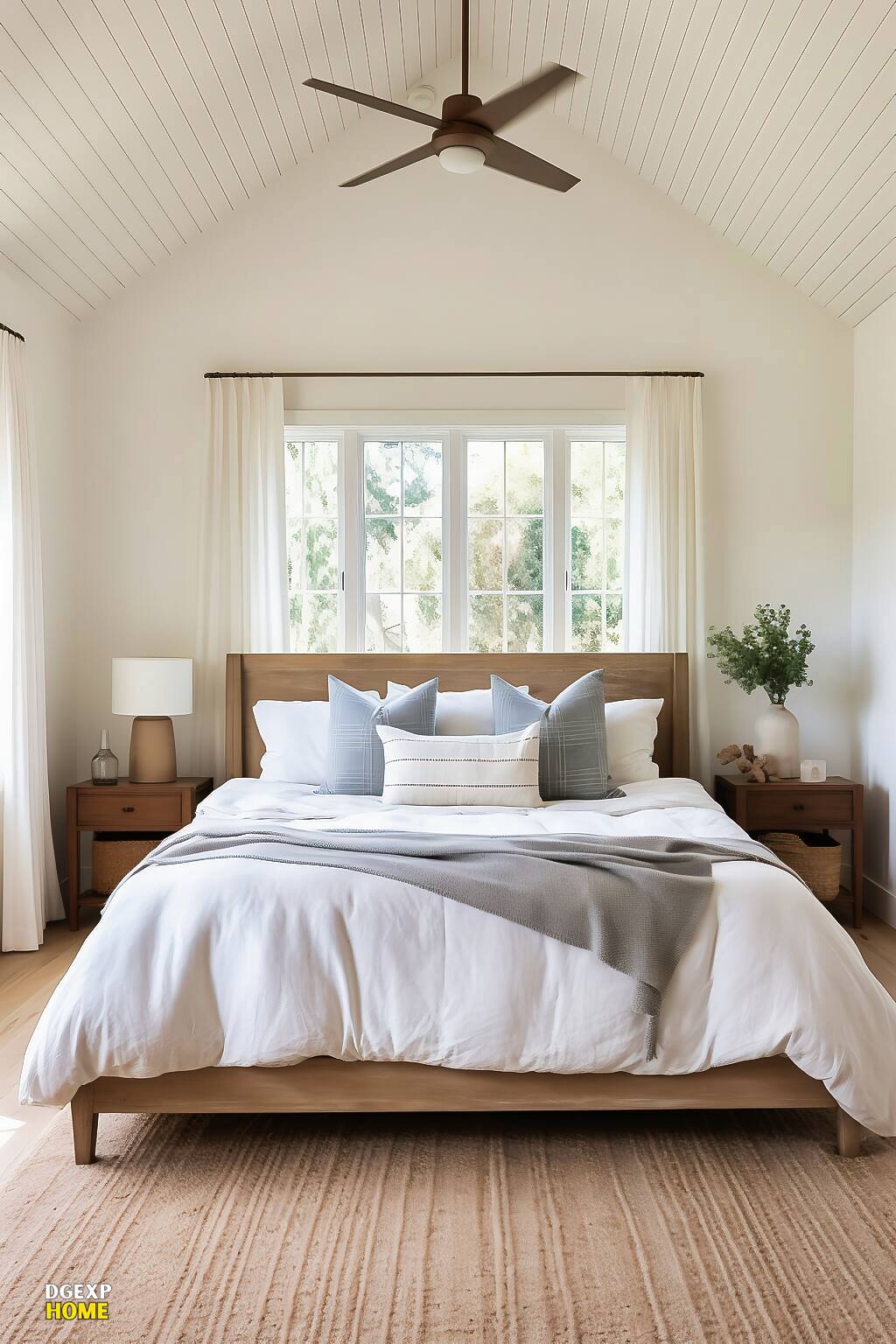 Airy Minimalist Farmhouse Bedroom With Natural Wood And Soft White Textiles.