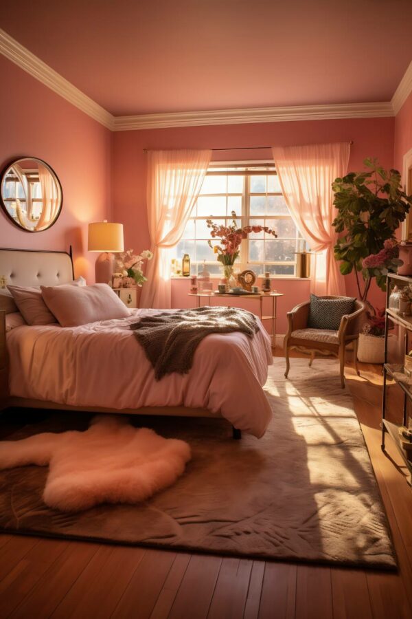 Airy Bedroom With Rose Pink Walls And Taupe Accents Complemented By A Soft Faux Fur Rug, Creating A Harmonious Modern Space.