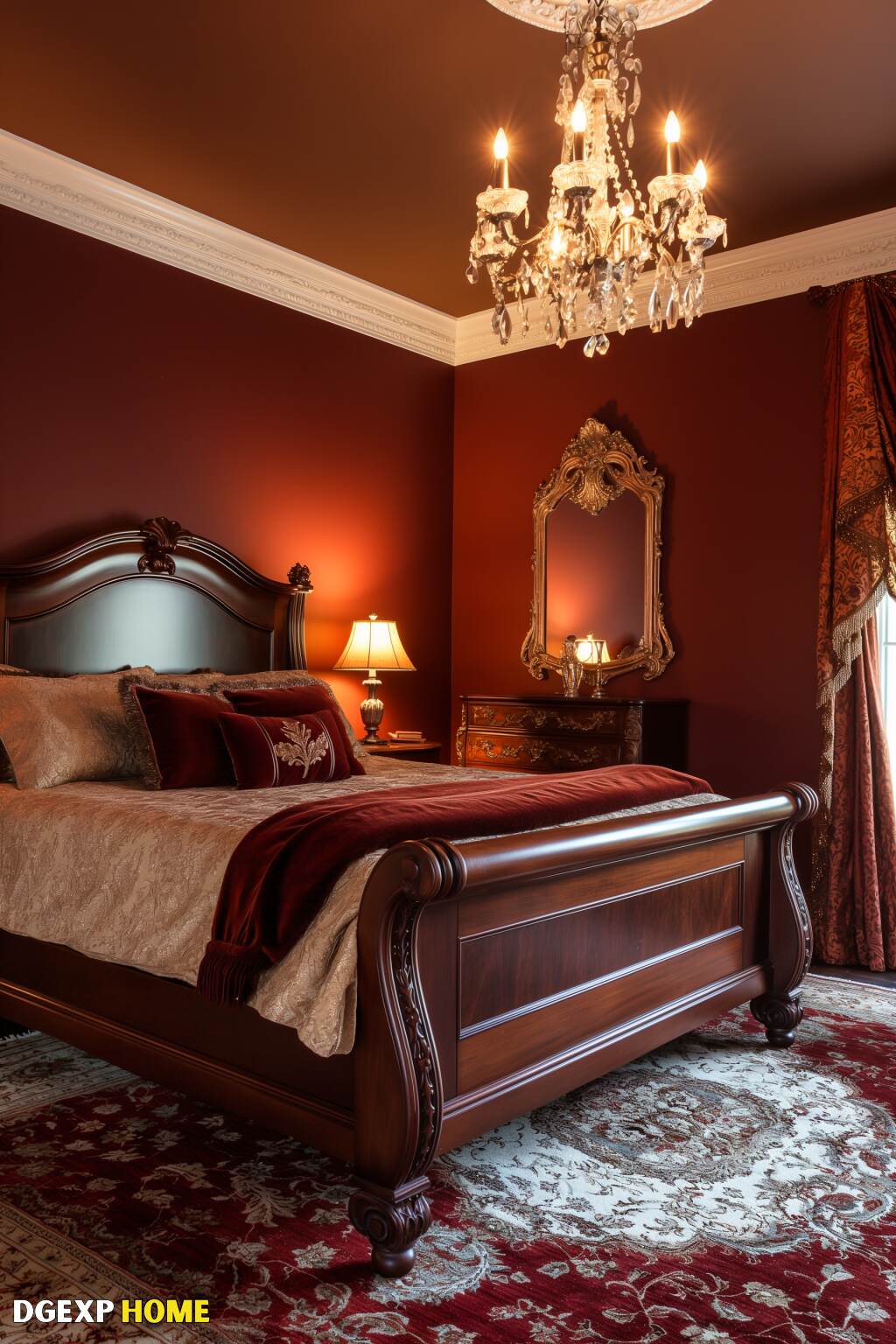 Elegant Biedermeier Bedroom With Maroon Walls, A Carved Wooden Bed, And A Grand Chandelier.