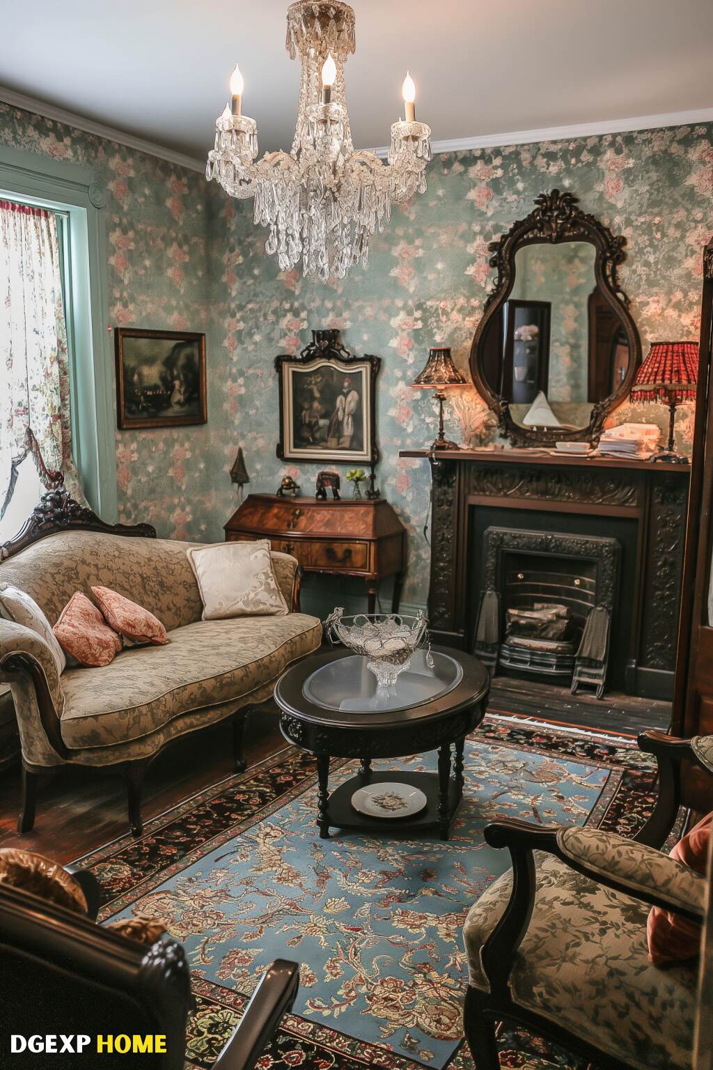 Vintage Art Nouveau Living Room With Floral Wallpaper And Intricate Woodwork.