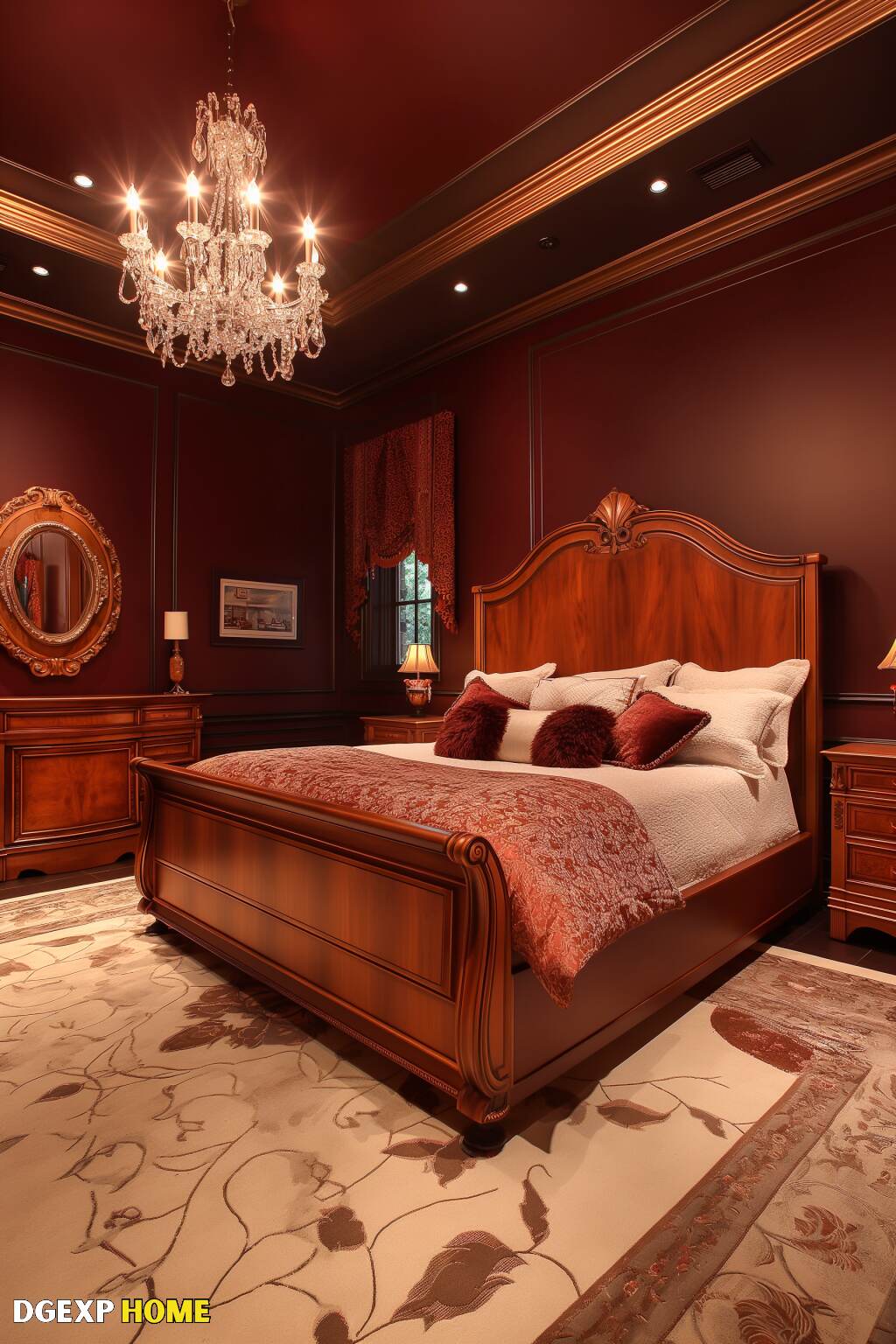 Majestic Biedermeier Bedroom With Red Walls, A Carved Wooden Bed, And A Grand Chandelier.