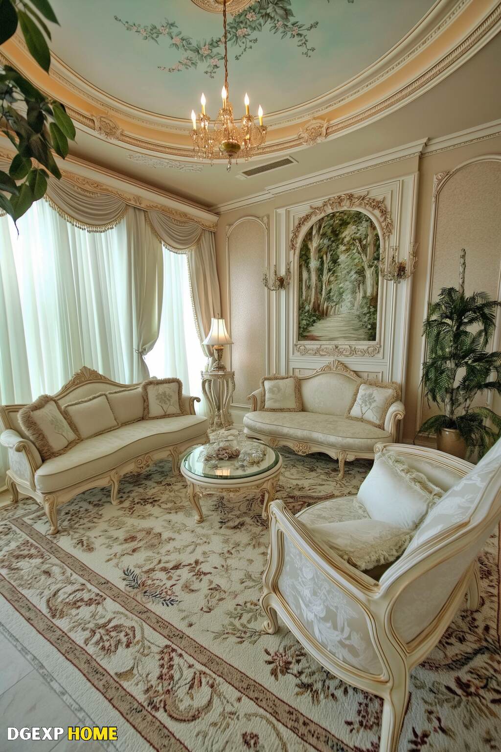 Serene Art Nouveau Living Room With Soft Pastel Hues And Delicate Furnishings.