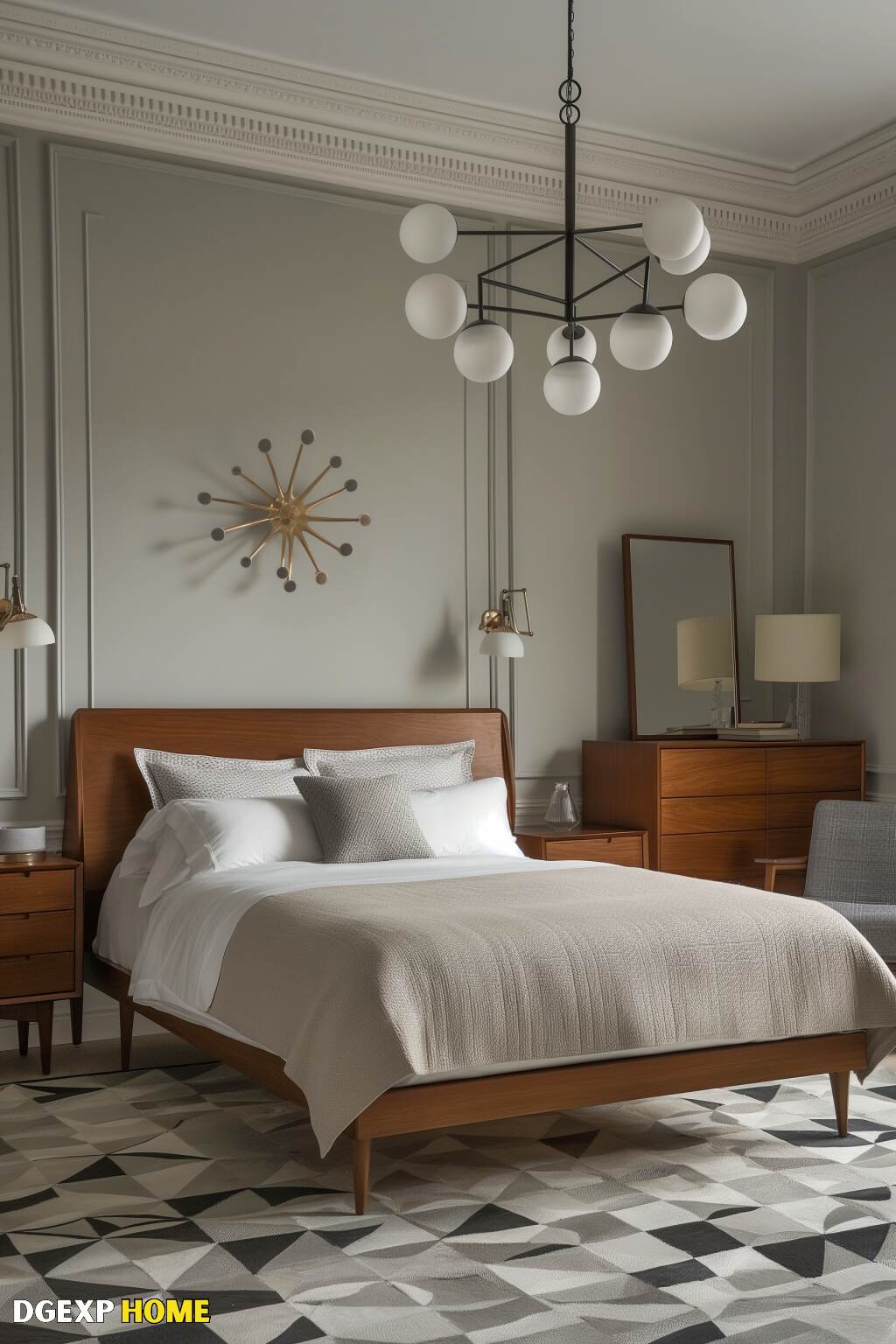 Modern Biedermeier Bedroom With A Sleek Wooden Bed, Minimalist Decor, And A Stylish Chandelier.
