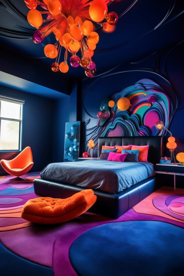 A Bold Bedroom With Indigo And Coral Accents And A Vibrant Area Rug, Surrounded By Modern Furnishings.
