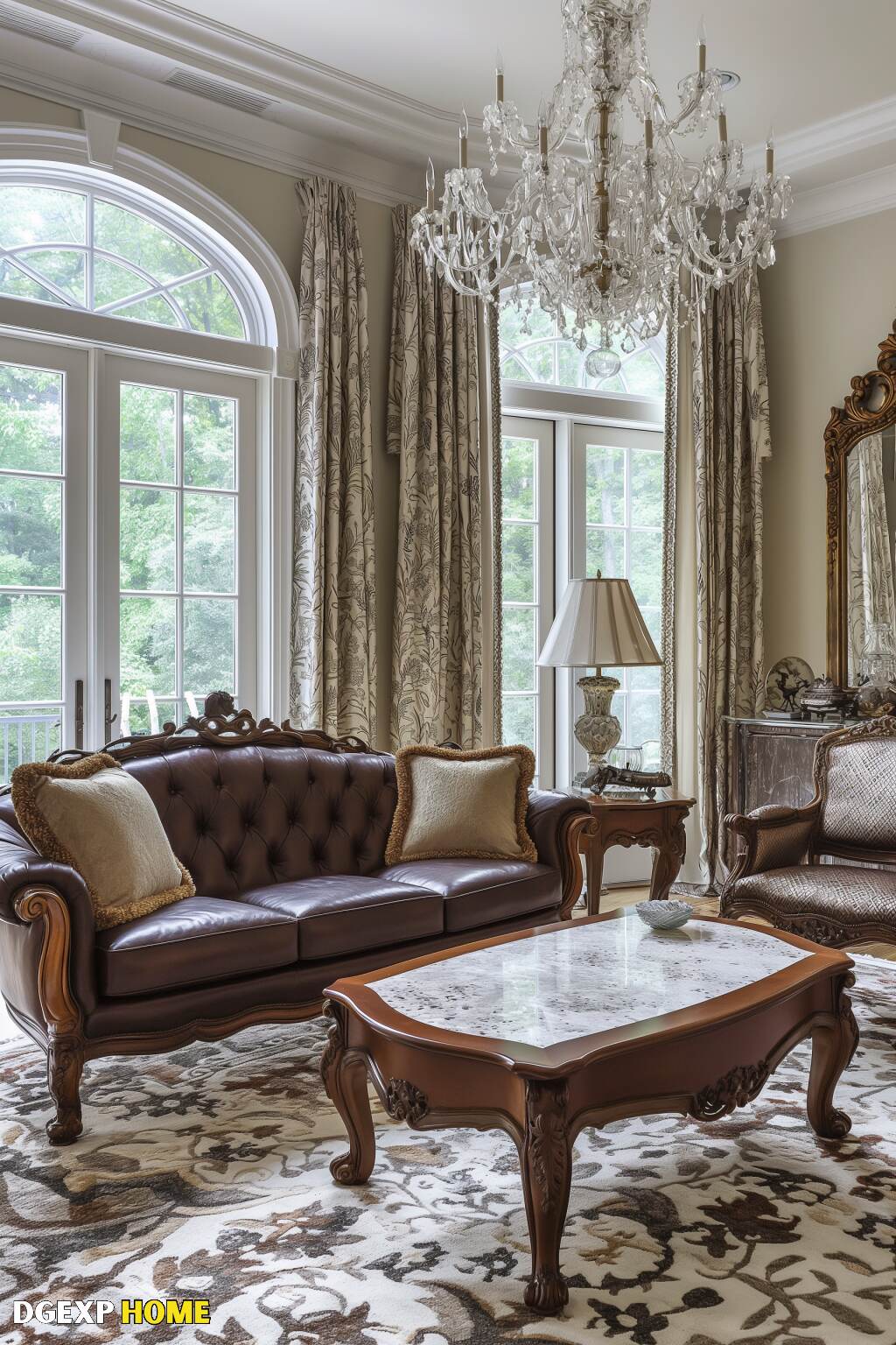 Classic Art Nouveau Living Room With Opulent Decor And A Magnificent Chandelier.