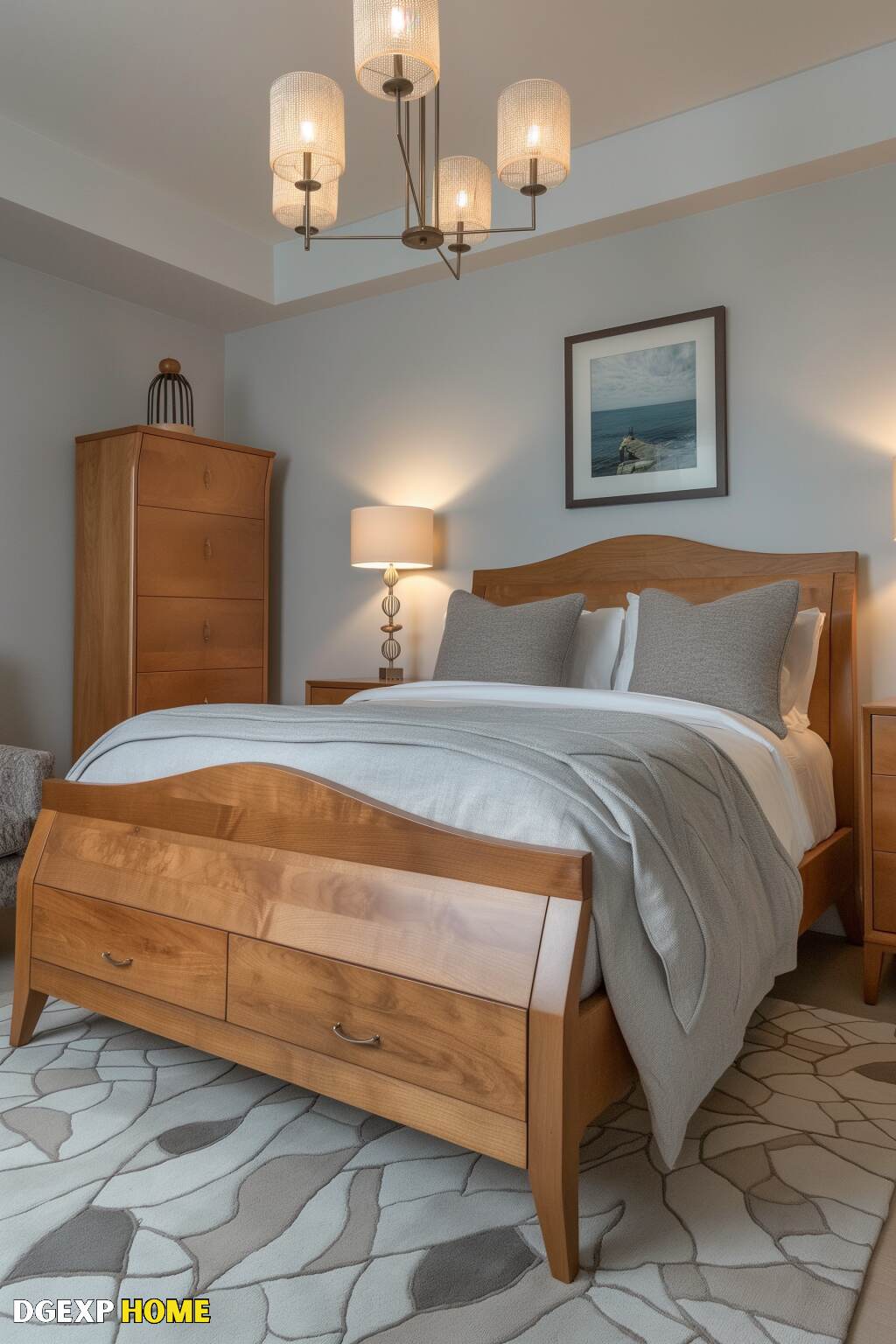 Contemporary Biedermeier Bedroom With A Sleek Wooden Bed, Cozy Bedding, And Modern Lighting.