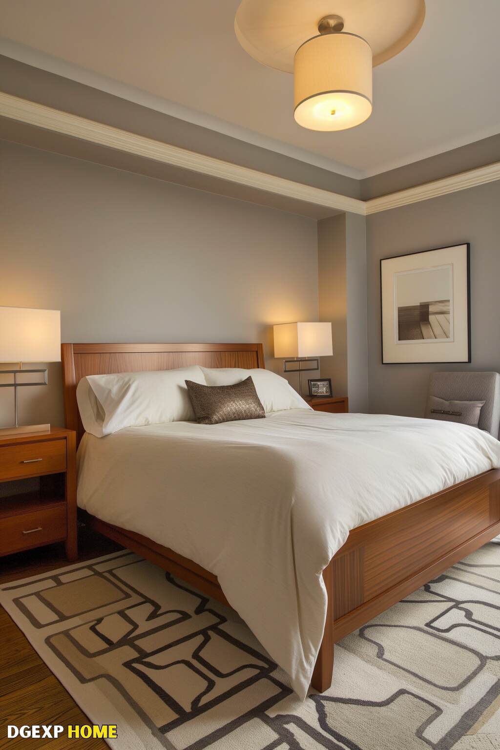Minimalist Biedermeier Bedroom With A Sleek Wooden Bed, Neutral Decor, And Modern Lighting.