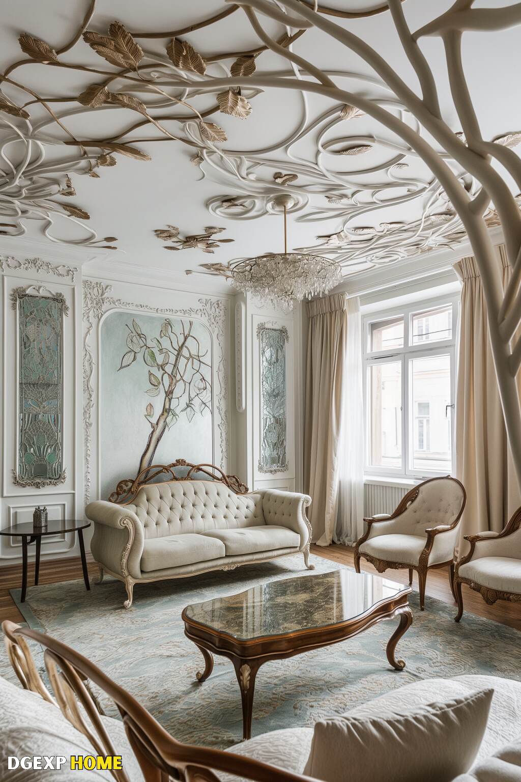 Charming Art Nouveau Living Room With Cozy Seating And Intricate Decor.