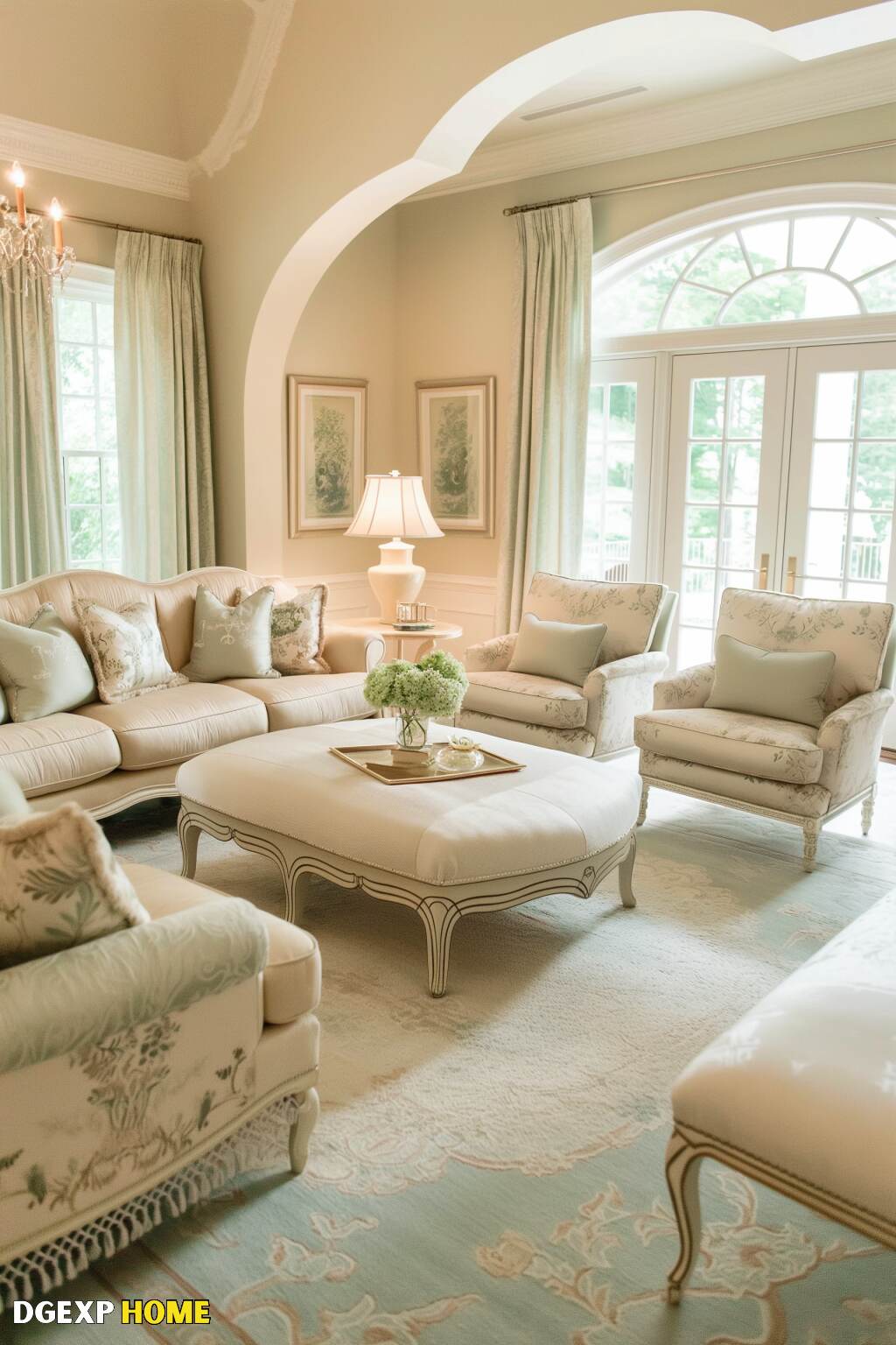 Bright Art Nouveau Living Room With Light Colors And Elegant Furnishings.