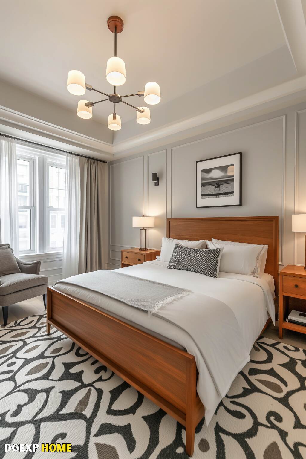 Modern Biedermeier Bedroom With A Sleek Wooden Bed, Minimalist Decor, And Contemporary Lighting.