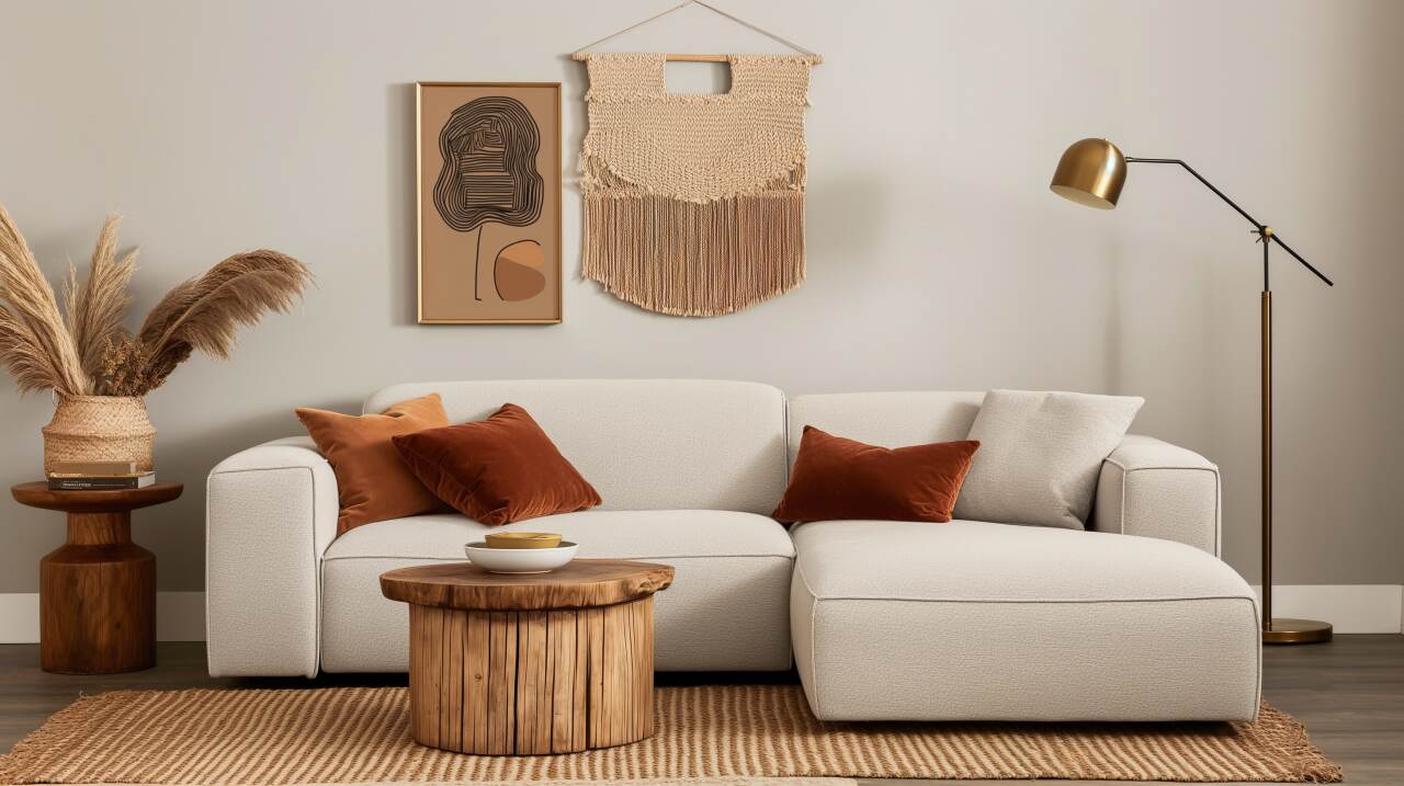 1 Ein Wohnzimmer, das modernes Design mit Bohème mischt