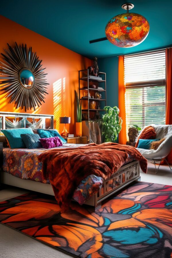 Modern Bedroom With Bright Tangerine Walls And Teal Bedding, Centered Around A Vividly Patterned Rug With A Sunburst Mirror And Mosaic Pendant Light.
