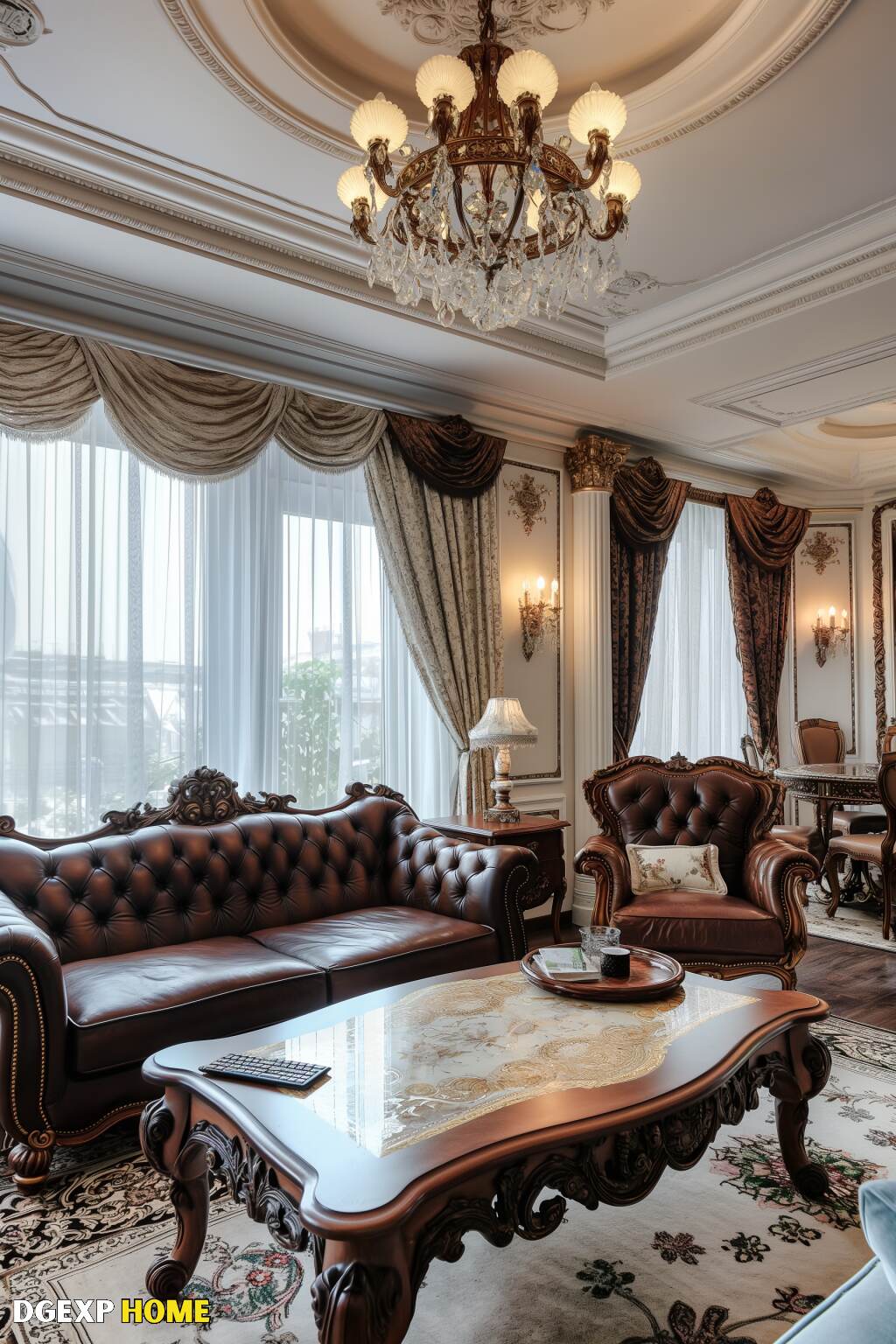 Chic Art Nouveau Living Room With Opulent Chandeliers And Luxurious Leather Seating.