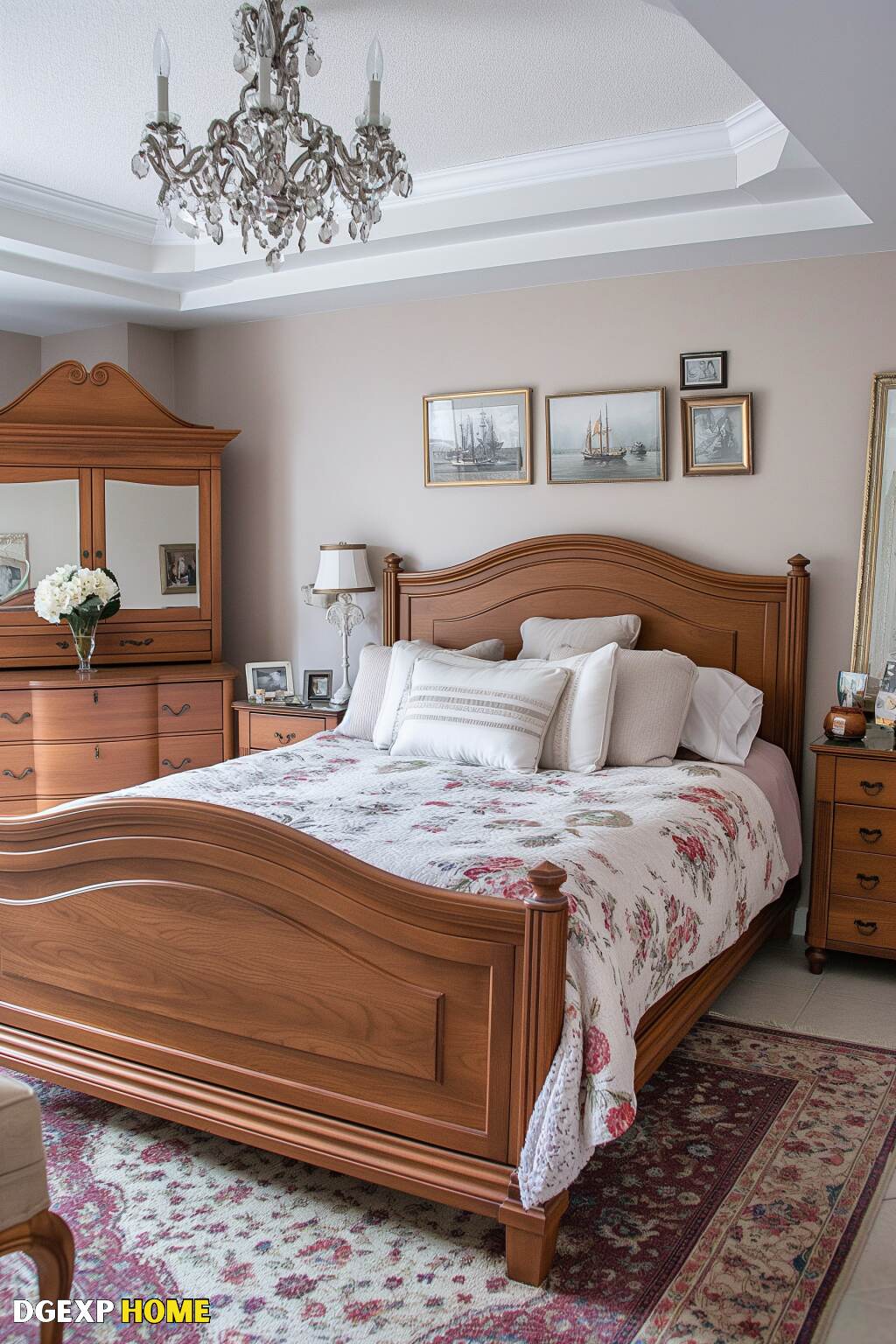 Classic Biedermeier Bedroom With A Wooden Bed, Floral Bedding, Vintage Dresser, And Crystal Chandelier.