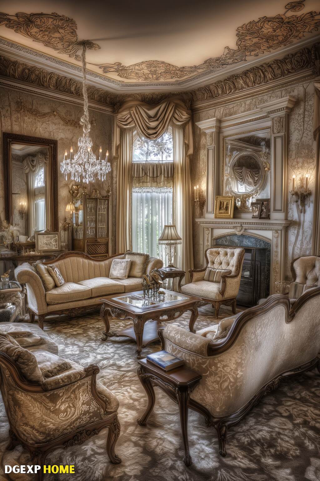 Luxurious Art Nouveau Living Room With Plush Furnishings And Ornate Details.