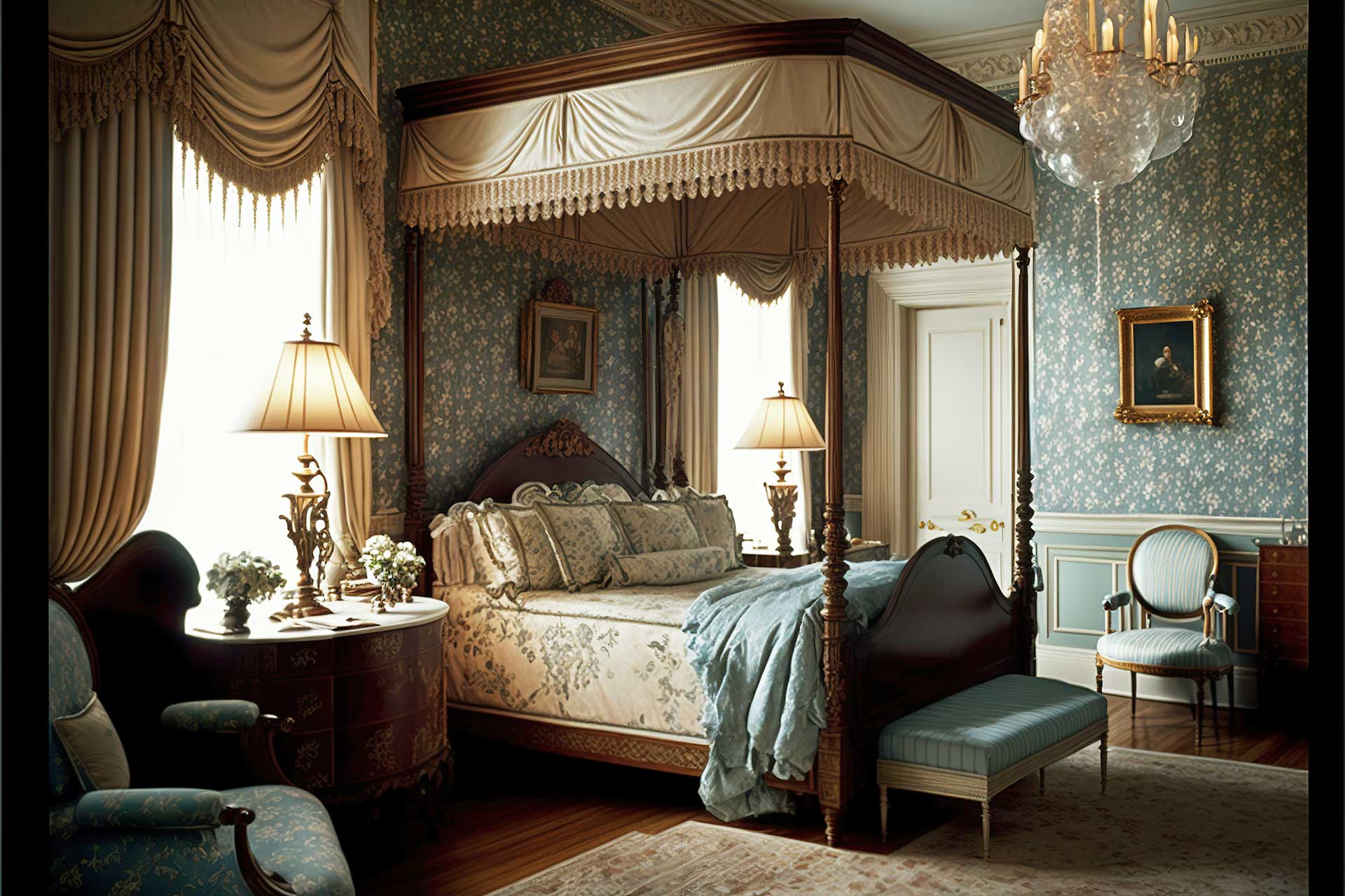 Elegant Antique Inspired Bedroom With Grand Armchair And Ottoman