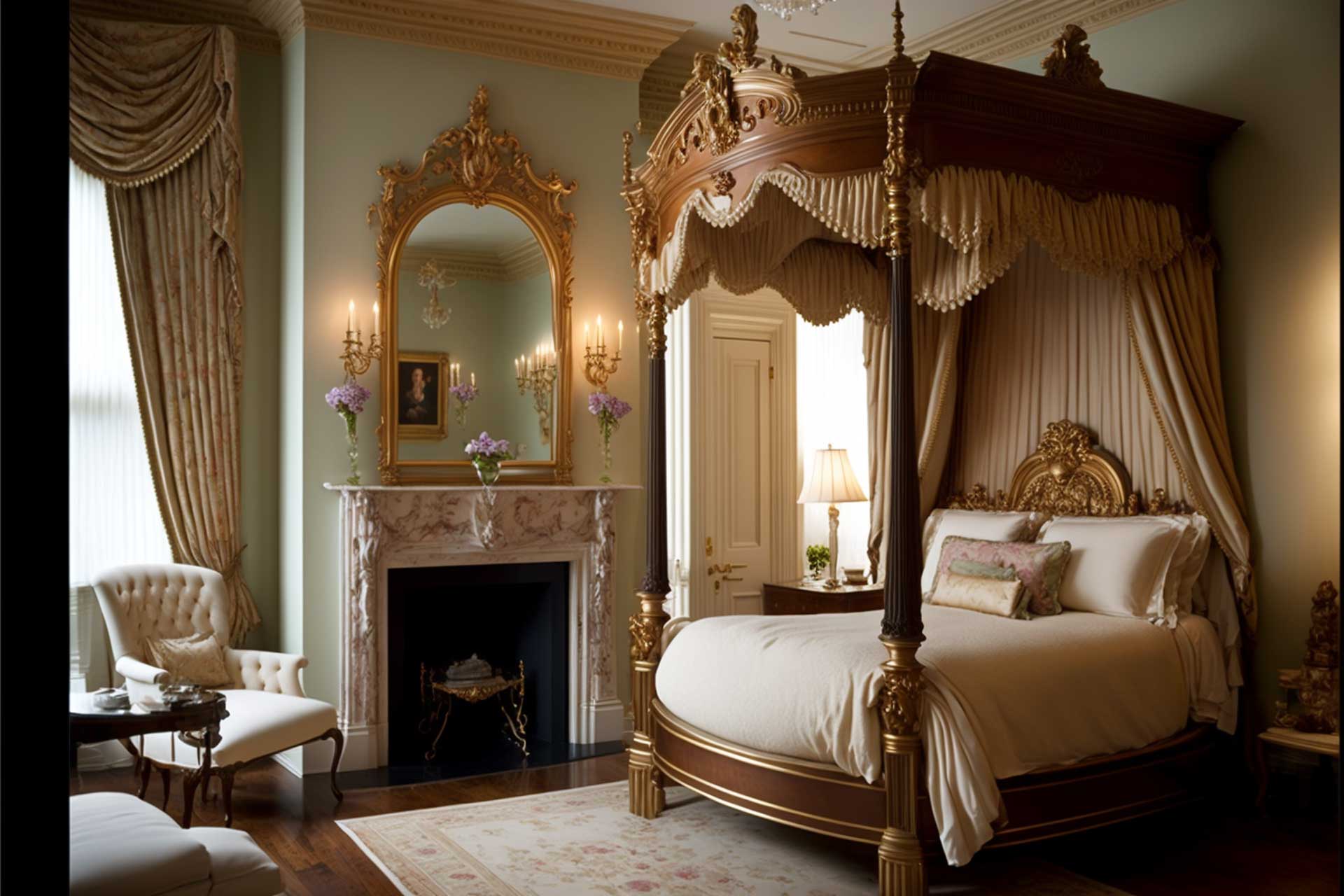 Elegant Antique Inspired Bedroom With Plush Carpets And Fireplace