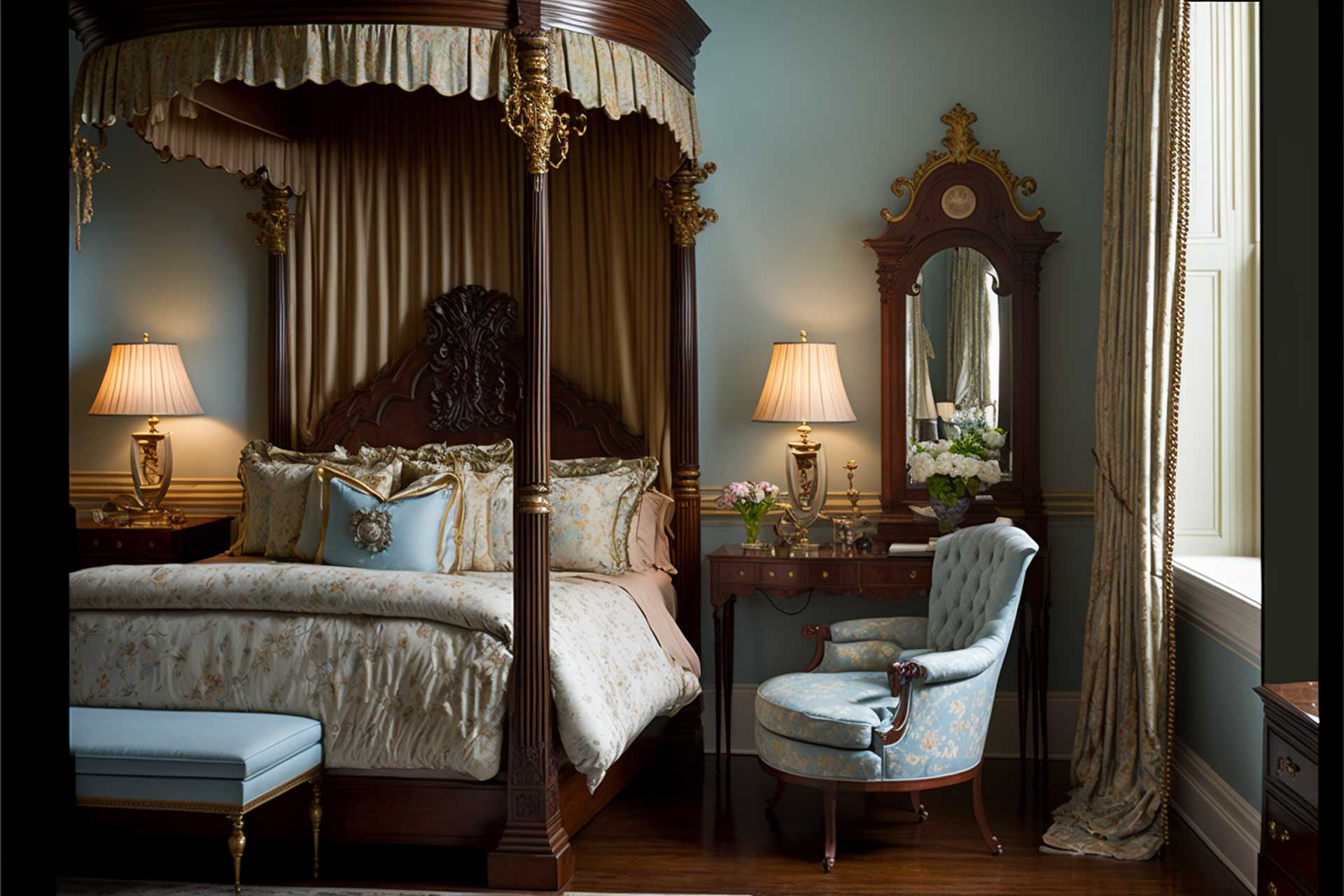 Grand Antique Armoire And Matching Furnishings In A Beautiful Bedroom