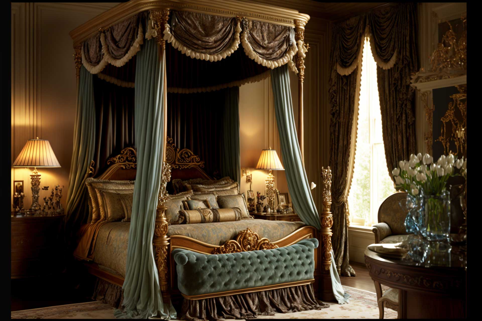 Grand Canopy Bed With Luxurious Bedding And Matching Furnishings
