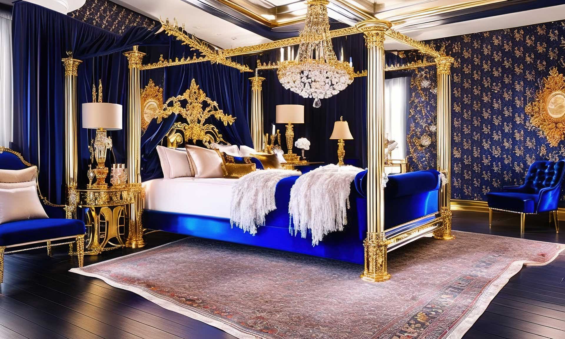 Luxurious And Glamorous Blue Maximalist Bedroom 1