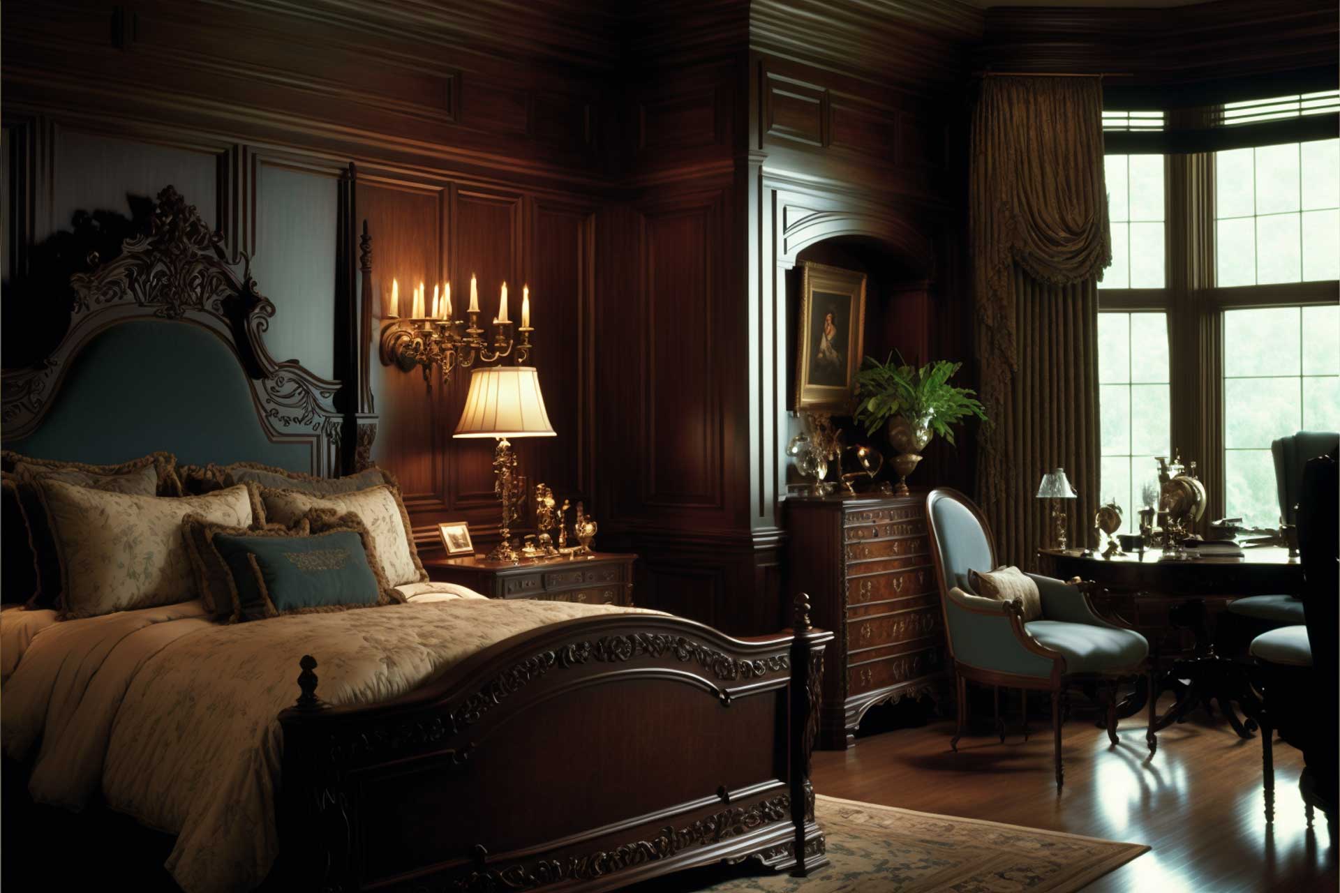 Stately Bedroom With Dark Wood Paneling And Classic Sleigh Bed