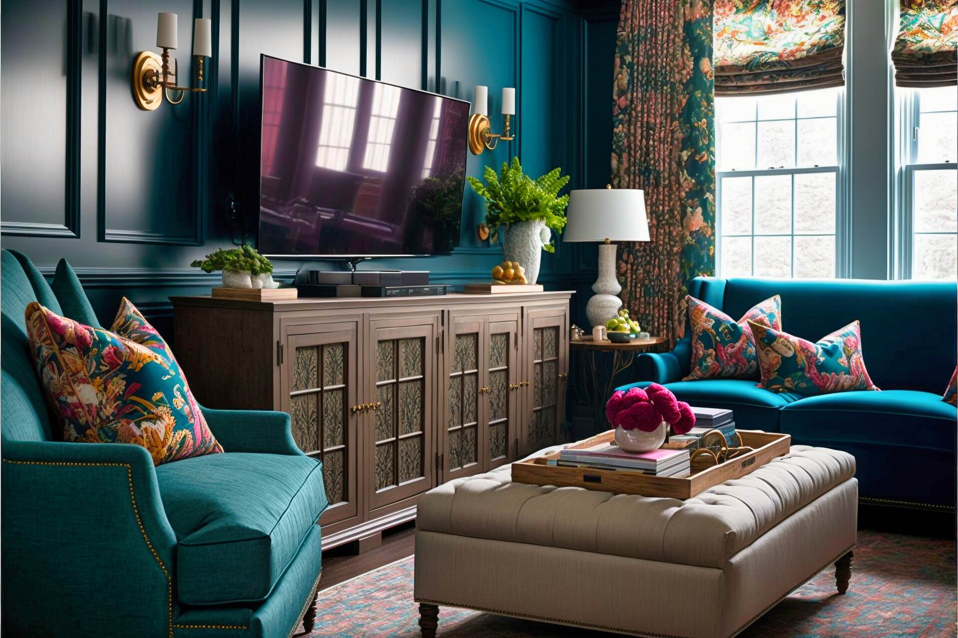 Timeless Traditional Living Room - This Traditional-Style Living Room Packs In A Peppering Of Maximalist Elements To Keep It From Feeling Stuffy. An Elegant Dark-Wood Entertainment Console Frames A Flat-Screen Tv And Sits Against A Deep Teal Wall. A Four-Seat Sofa Is Topped With Plush Patterned Pillows And A Rainbow Of Accent Chairs, Side Tables, And Area Rugs Add Vibrant Touches Of Color. Fresh Plants And Simple Artwork Bring Life To The Warm, Inviting Atmosphere.