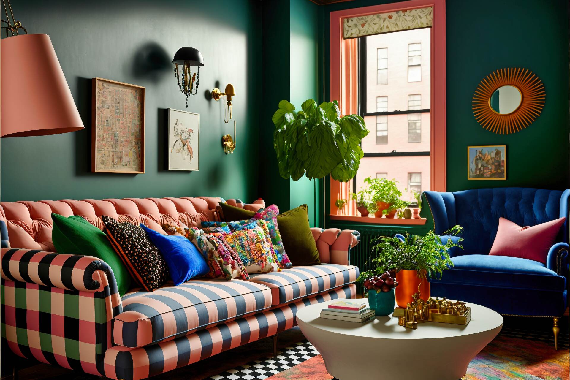 Colorful Eclectic Living Room - This Maximalist Living Room Provides A Whimsical Escape With Its Blend Of Eclectic Decor. A Terracotta-Toned Sofa Is Paired With A Bold Checkered Armchair While Patterned Pillows In Shades Of Blue, Pink, And Green Add Personality To The Room. A Hint Of Industrial Style Is Introduced By The Tv Mounted On The Wall And The Black Side Table Next To The Sofa. Colorful Artwork And Greenery Complete The Look For An Inviting Living Room Sure To Bring Joy To All.