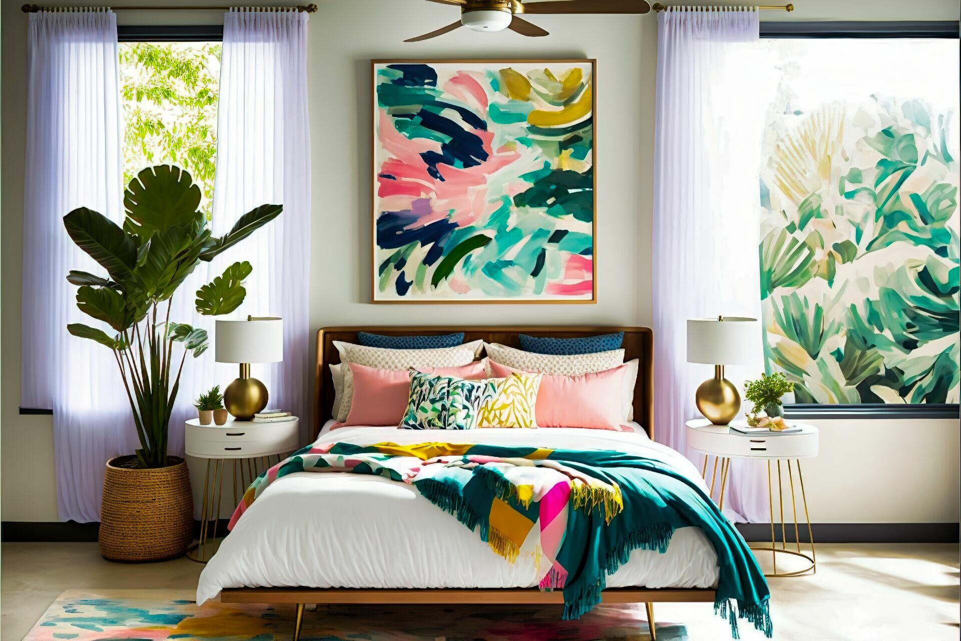 Mid-Century Modern Bedroom – A Bright And Airy Modern Bedroom Featuring A Rattan Bed Frame With A Colorful Tropical Print Bedspread, A Spinning Ceiling Fan, And An Abstract Art Piece Hung Above The Bed.