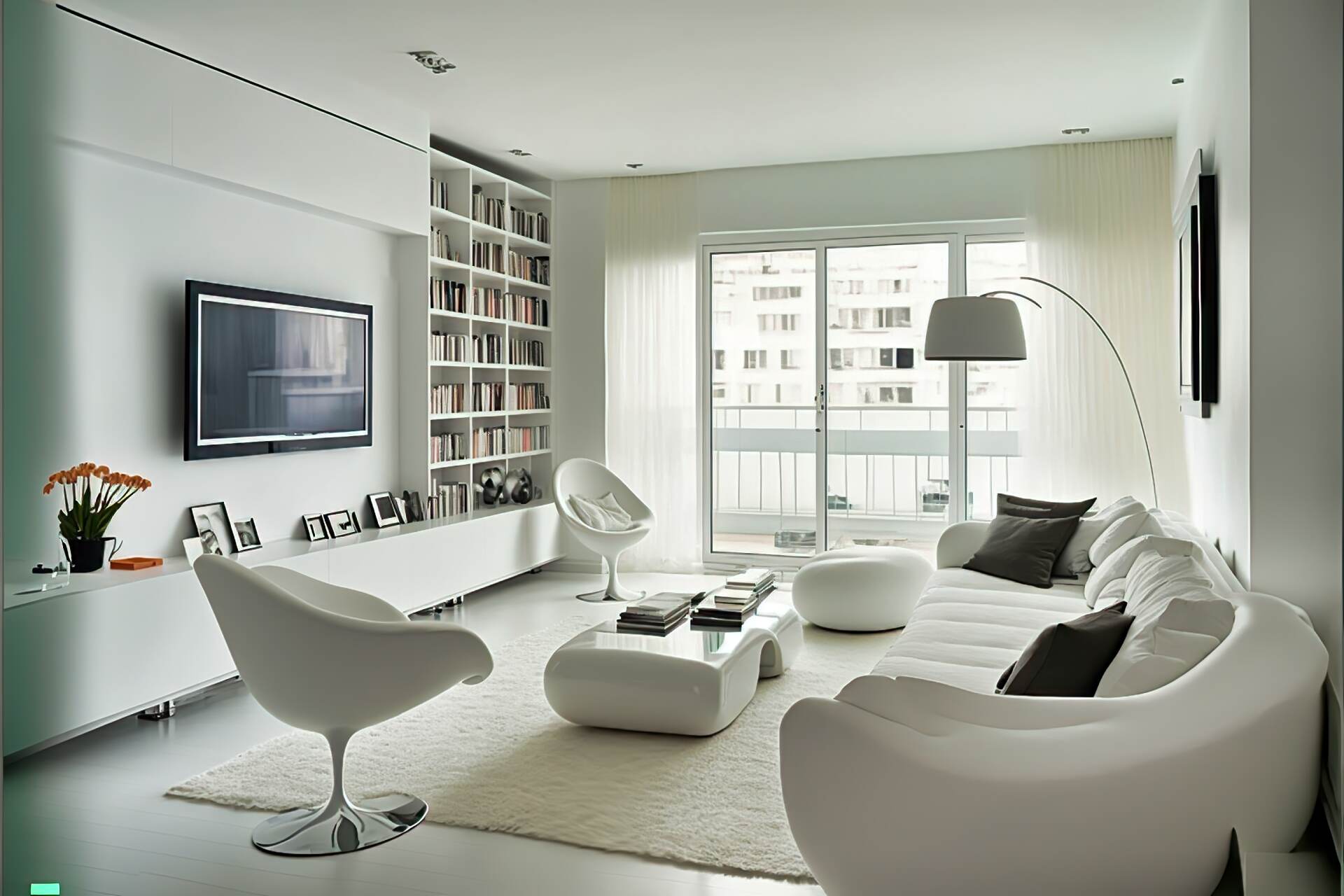 A Light And Airy Living Room With A Futuristic Vibe. The Walls Are Painted A Soft White, With A Large, Flat-Screen Tv Mounted On One Wall. A Sleek, White Sofa Is Paired With Two White Armchairs For Plenty Of Seating. A White Coffee Table And Grey Accent Chair Complete The Look. A Floating Shelf Holds A Selection Of Books And Small Decor Pieces. A White, Modern Chandelier Hangs From The Ceiling, Adding A Touch Of Glamour.