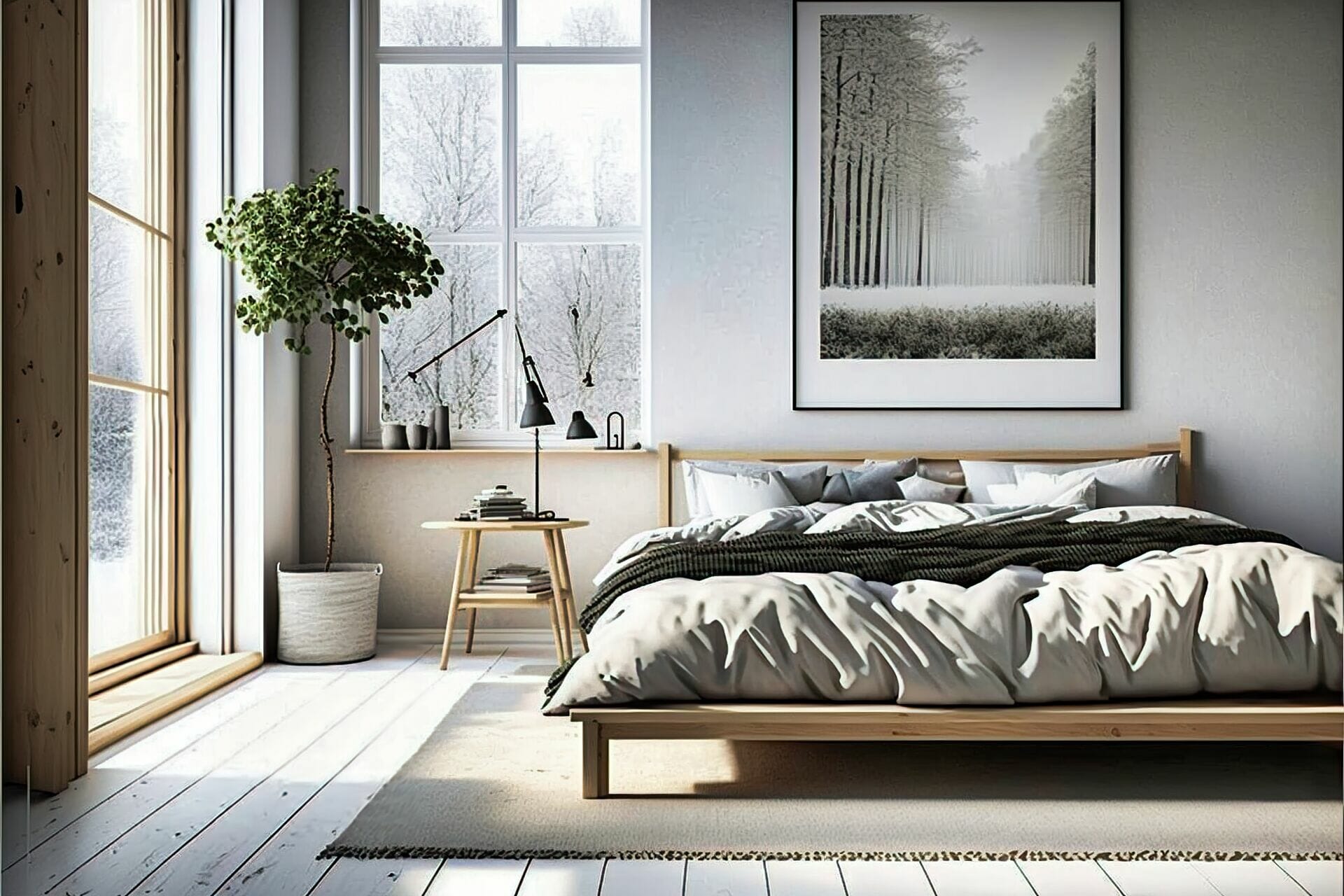 Scandinavian Bedroom – This Airy Room Features Light Wood Bed Frame And Nightstand, Light Wood Flooring, White Walls, And A Light Gray Rug. A Few Naturalistic Accents Give The Room A Light And Airy Feel.