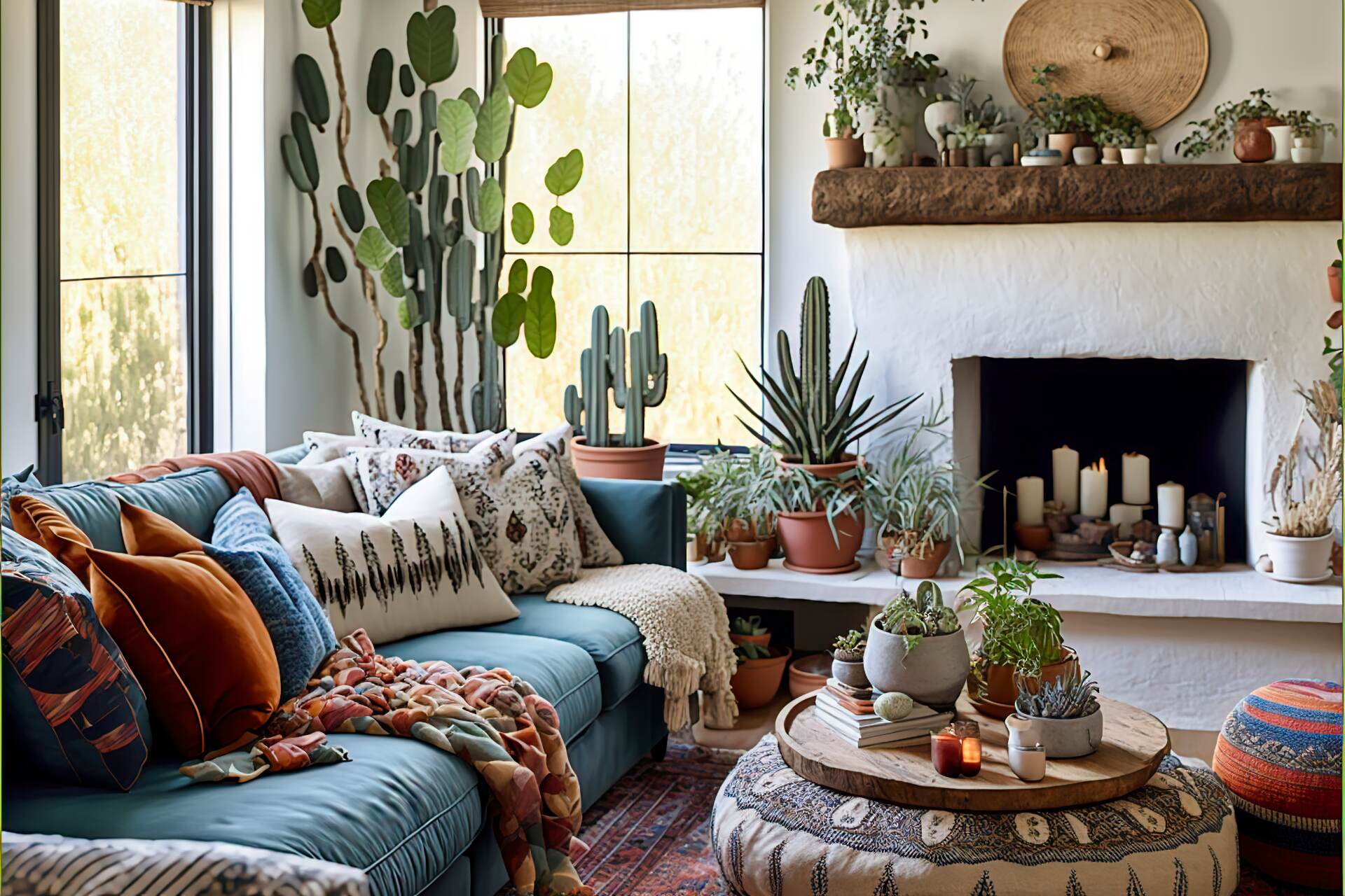 This Bohemian Living Room Boasts An Airy And Light-Filled Aesthetic. A Mix Of Natural Materials Such As Bamboo, Rattan And Jute Add Texture And Warmth To The Space. A Plush Velvet Sofa Sits At The Center Of The Space, Surrounded By A Mix Of Patterned Throw Pillows And Woven Textiles. A Large Woven Tapestry Hangs Above The Fireplace, Adding A Touch Of Global Inspiration To The Design. Potted Plants And A Terrarium Bring Greenery And Natural Elements To The Space.