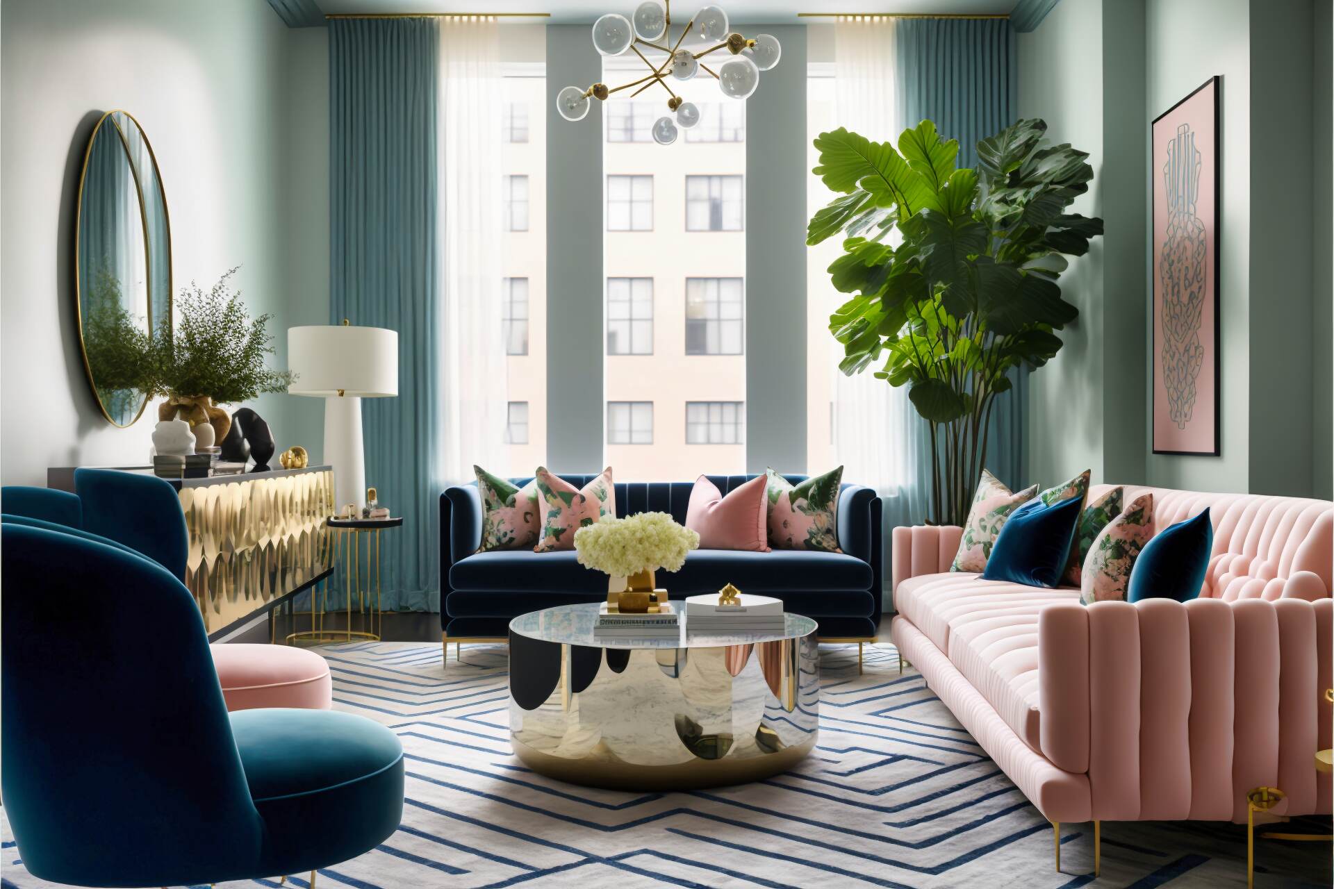 Rich Luxury Living Room - This Living Room Epitomizes Maximalist Style With Its Striking Pastel Colors, Lush Furniture, And Unique Art Pieces. A Luxurious Navy Couch Stands Next To A Glass-Top Coffee Table While Two Armchairs Balance Out The Other Side Of The Room. A Geometric Rug Adds Dimension To The Space And Various Plants And Candles Provide An Inviting Atmosphere. Mounted On The Wall Is An Impressive Flat-Screen Smart Tv, Turning This Living Room Into The Ideal Home Entertainment Center.