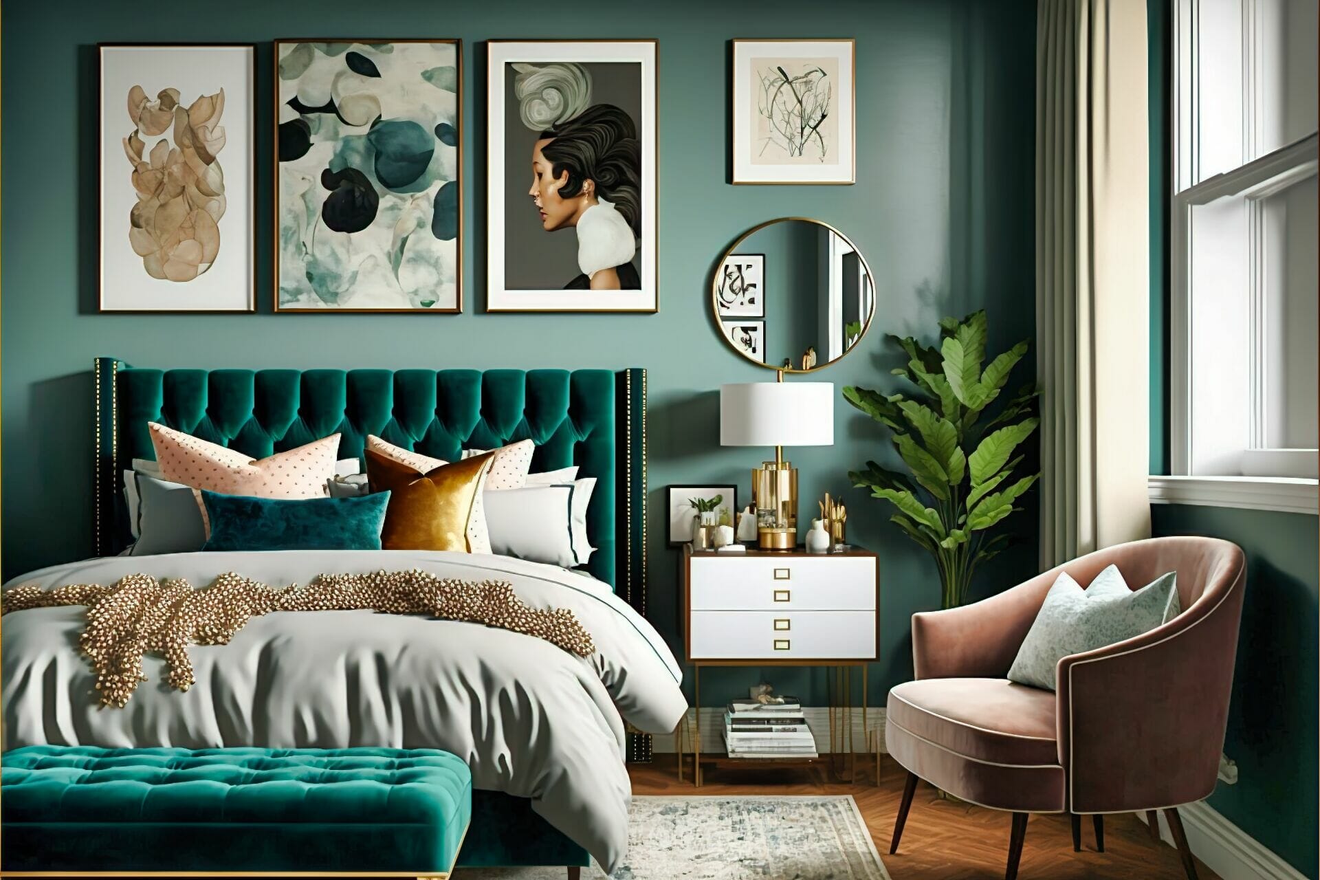 Mid-Century Modern Bedroom – A Glamorous Modern Bedroom Featuring A Tufted Velvet Bed Frame, A Mirrored Dresser, And A Gallery Wall Of Art Deco Prints.