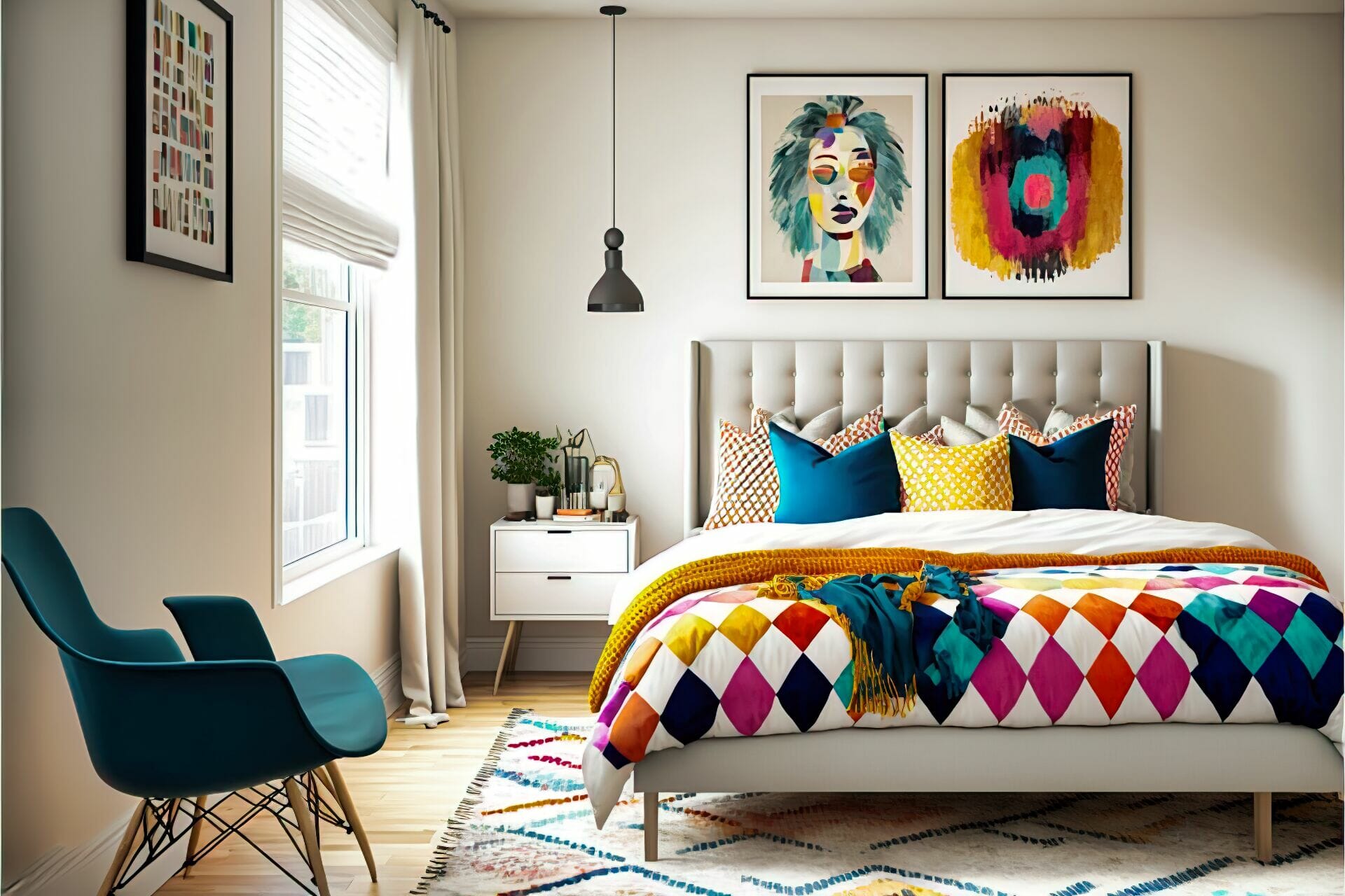 A Scandinavian Style Bedroom With Colorful Touches - This Modern Bedroom Features A Bright And Bold Color Palette, With Light Wood Floors And White Walls For A Crisp Look. A Tufted Bed Frame Is Accented With Colorful Pillows And A Patterned Throw Blanket, While A Geometric Area Rug And Vibrant Wall Art Add A Playful Touch.