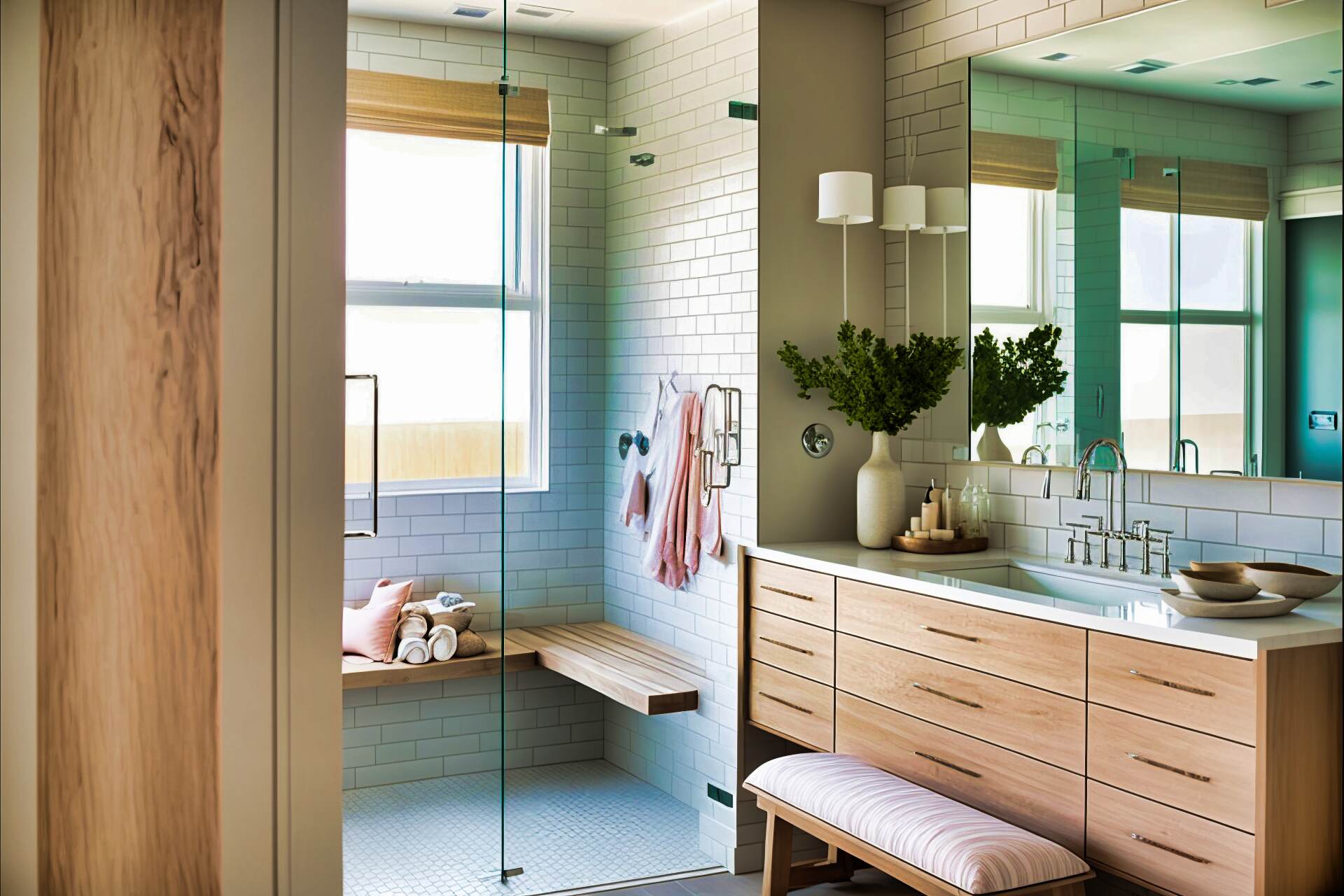 A Modern Bathroom With A Beach House Aesthetic. The Space Features A Floating Vanity With A White Sink And A Large Mirror. The Shower Has A Glass Partition, A Rainfall Showerhead, And A Built-In Bench. The Floors Are A Light Wood-Look Tile, And The Walls Are White Subway Tile With A Mix Of Natural Stone Accents. The Room Is Illuminated By Recessed Lighting And A Large Window That Brings In Natural Light.