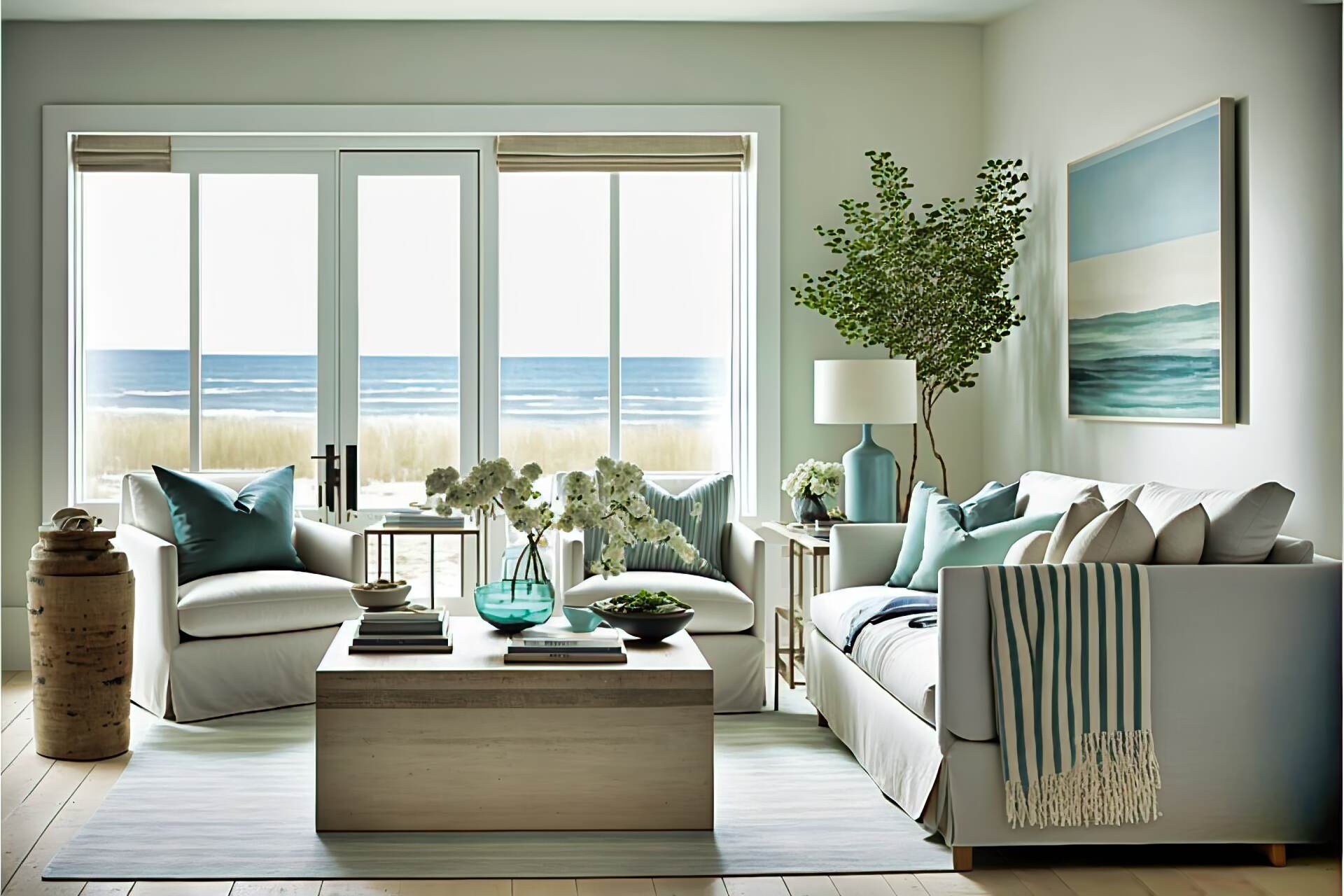 This Modern Relaxed Living Room Features A Beachy Color Scheme. A Comfortable White Armchair And A Matching Sofa Provide The Perfect Place To Relax, While A Light Wooden Coffee Table And A Striped Rug Complete The Look. A Few Interesting Art Pieces And A Large Window With A View Of The Ocean Complete The Beachy Vibe.