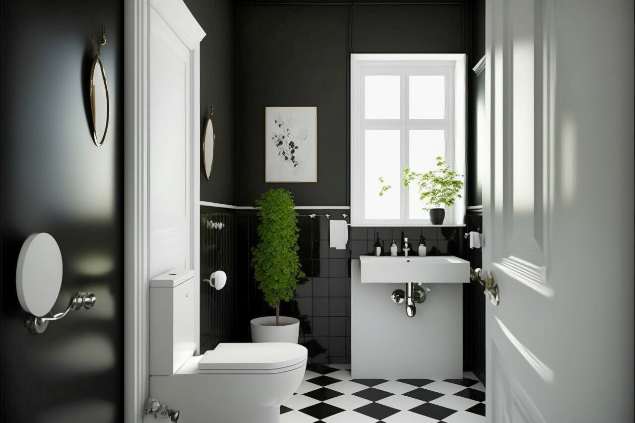 Scandinavian Bathroom: A Classic And Timeless Bathroom With A Black And White Color Scheme. Black Wall Tiles And White Tile Floors, A Sleek White Sink With A Chrome Faucet, And A Modern White Toilet Rests Against The Wall.