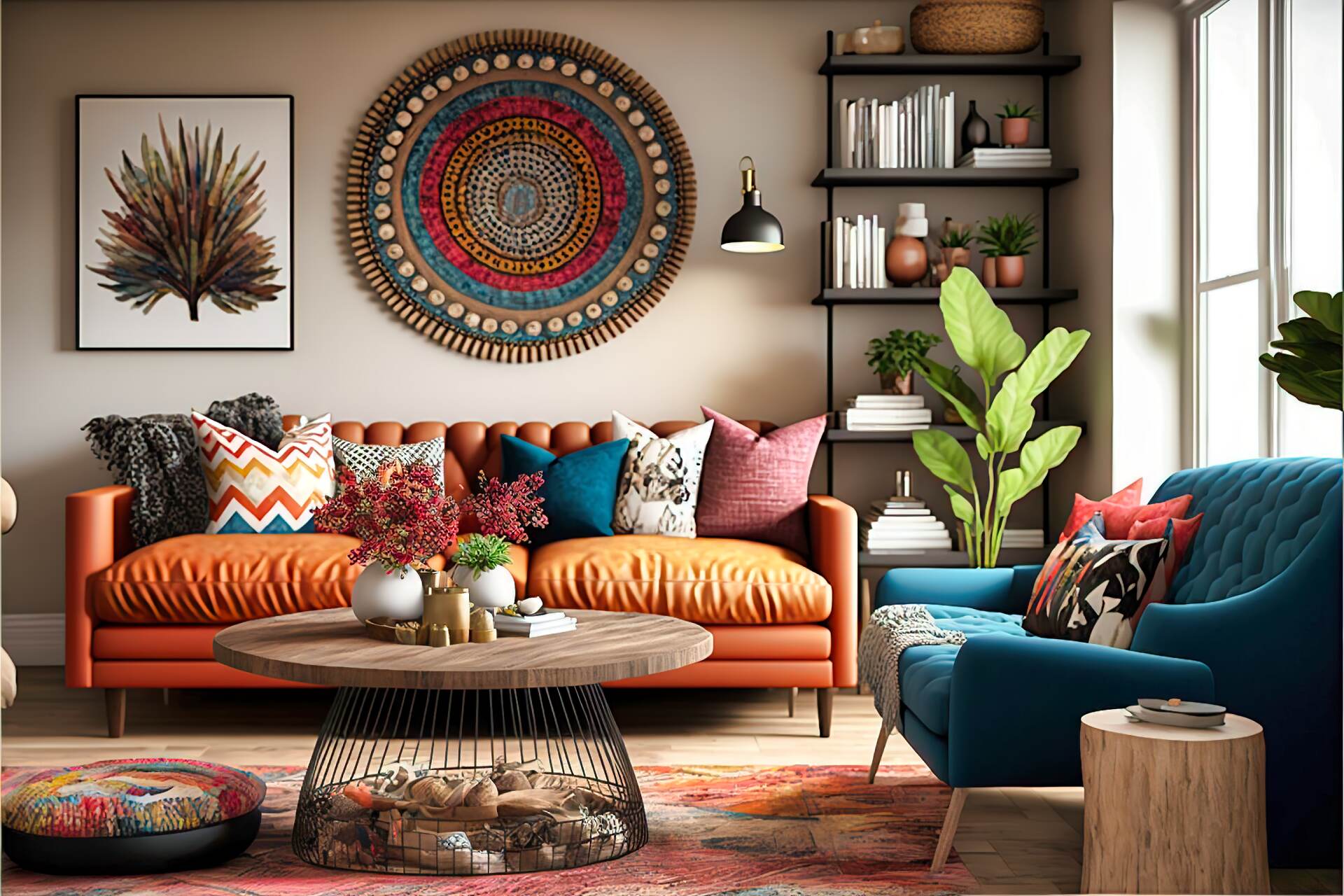 This Modern Boho-Chic Style Living Room Features Plenty Of Color And Texture. A Colorful Velvet Armchair And A Matching Sofa Provide A Cozy Seating Area, While A Large Round Rug And A Wicker Coffee Table Add A Boho Touch To The Space. A Large Wall Hanging And A Few Bookshelves Complete The Look.