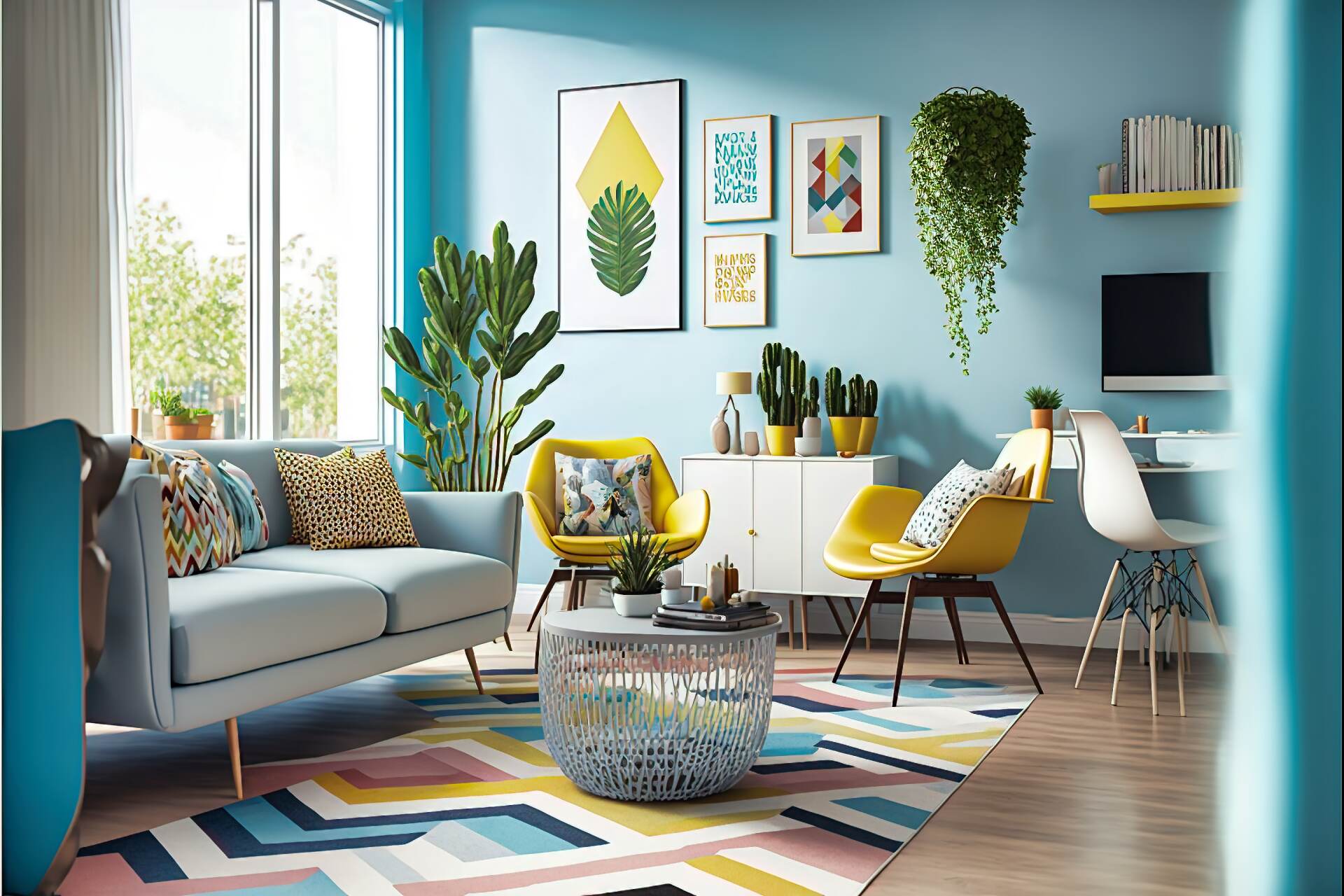 This Cheerful Modern Living Room Features Light Blue Walls, A Yellow Armchair, And A White Sofa. A Colorful Rug With Geometric Shapes And A Large Potted Plant Bring Life To The Corner, While A Sleek Coffee Table And A Pair Of Matching Side Tables Complete The Modern Look.
