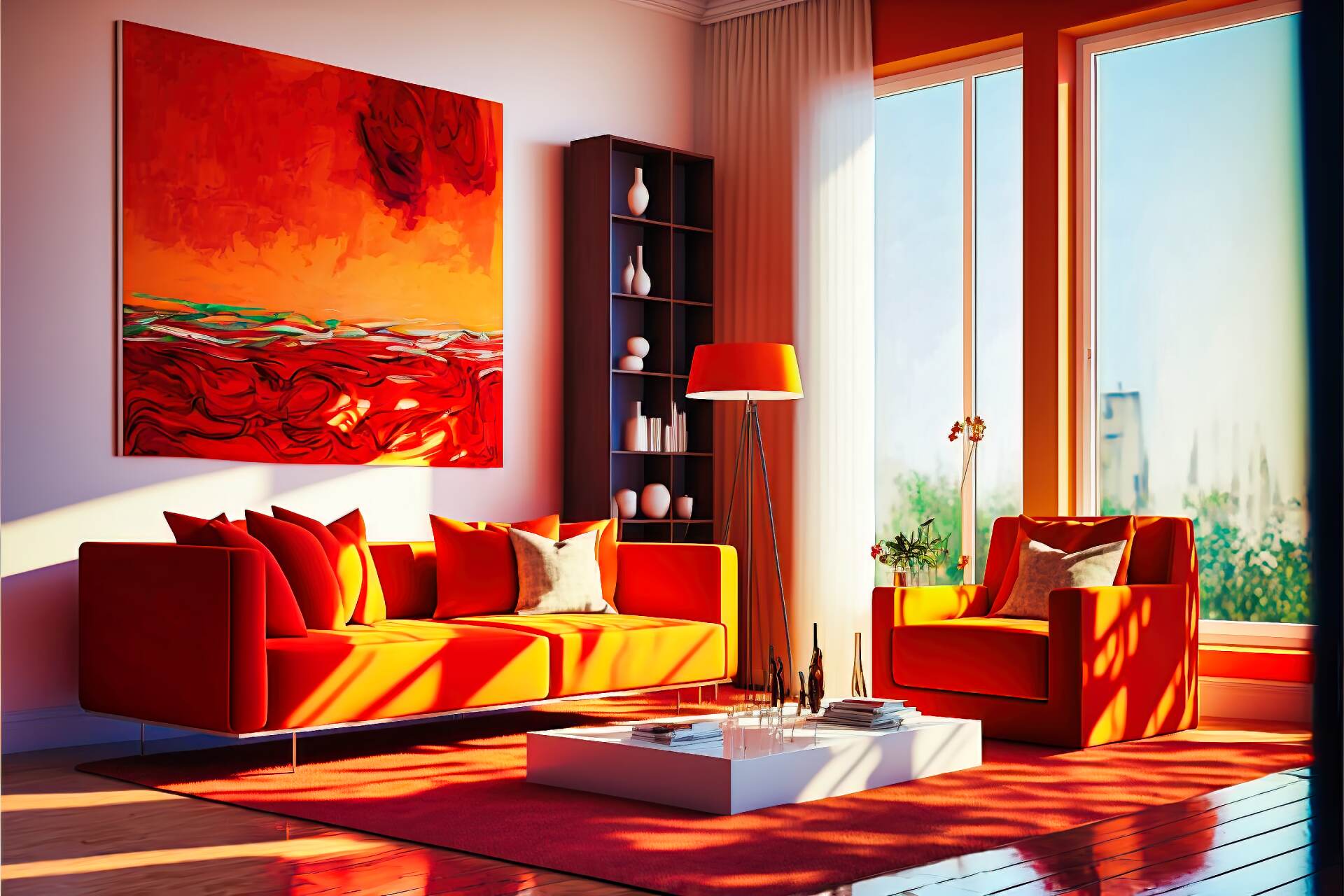 A Modern Living Room In Vibrant Shades Of Red And Orange, With A Large Window Allowing Light To Flood In. A Bright Red Velvet Sofa, A Patterned Armchair And A Glass Coffee Table. Colorful Artwork Adorning The Walls, With A Bright Red Rug And A Tall Lamp In The Corner.