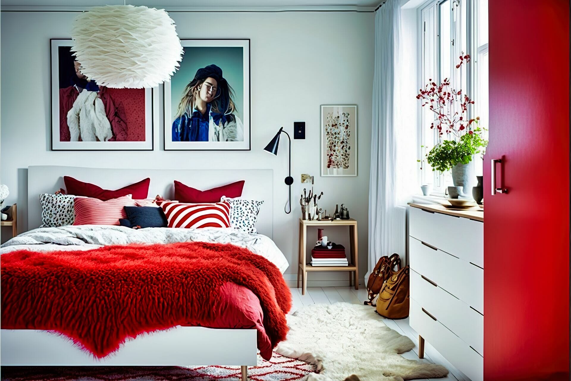 A Scandinavian Style Bedroom With Red And White Accents – This Bedroom Is A Mix Of Bold Colors And Bright Whites. The Walls Are A Bright White, While The Bed Frame And Nightstand Are A Deep Red Wood. To Complete The Look, A White Fur Rug Lies On The Floor, And Art Prints With Red And White Colors Hang On The Walls.