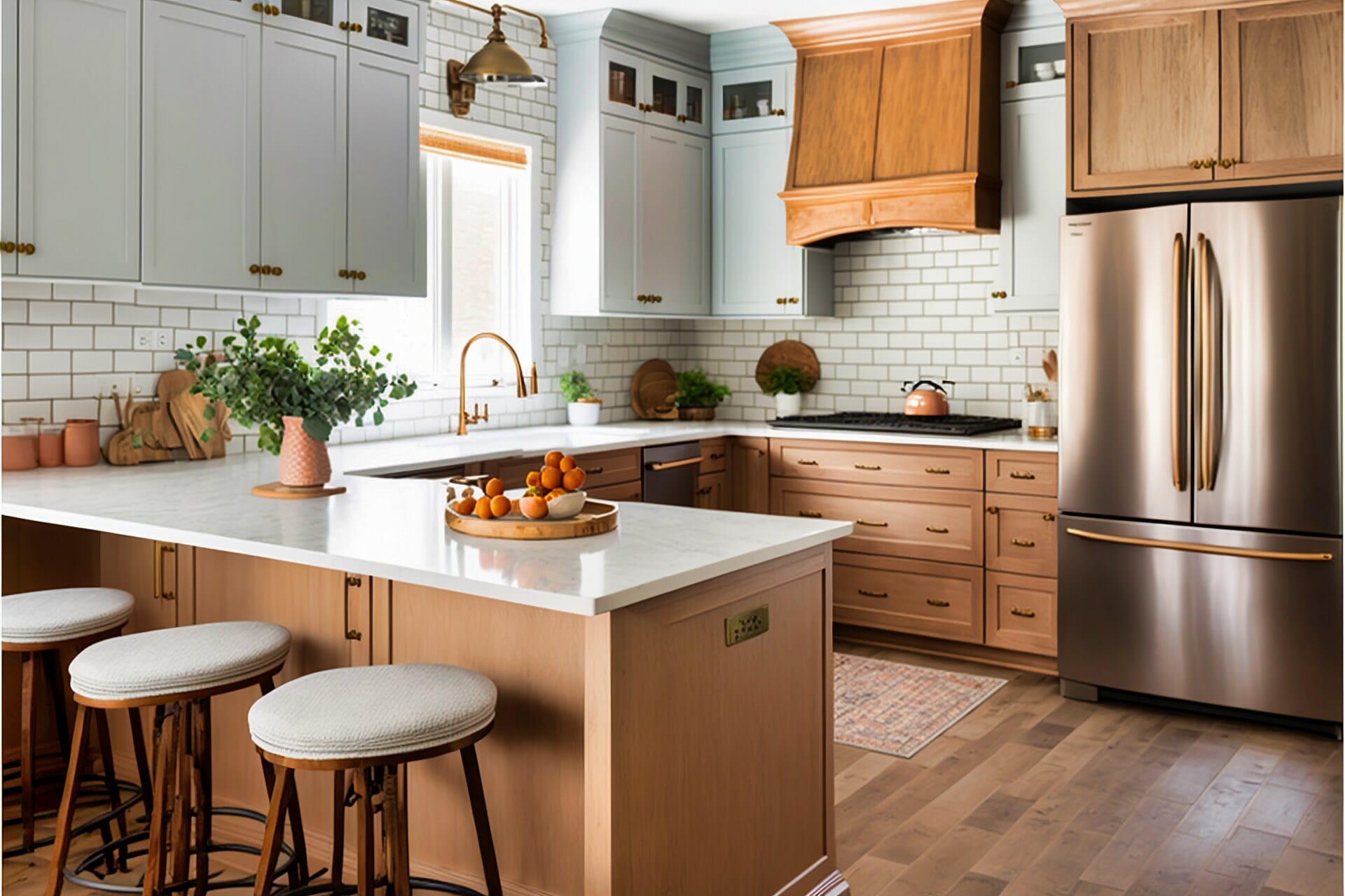 A Bright And Inviting Kitchen Featuring Pale Oak Cabinetry, Copper Hardware And Accents, And A White Subway Tile Backsplash.