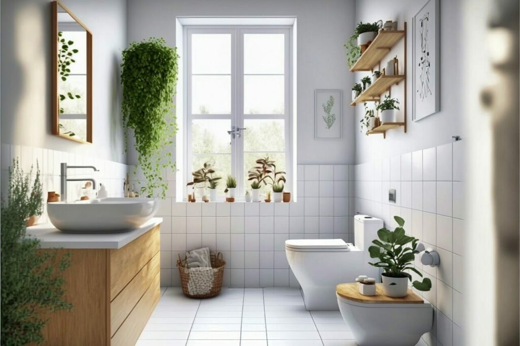 Scandinavian Bathroom: A Bright And Airy Bathroom With White Walls And White Tile Floors. A Sleek White Sink With A Chrome Faucet Is Centered In The Room And A Modern White Toilet Rests Against The Wall. Natural Wood Accents And Plants Bring A Sense Of Warmth To The Room.
