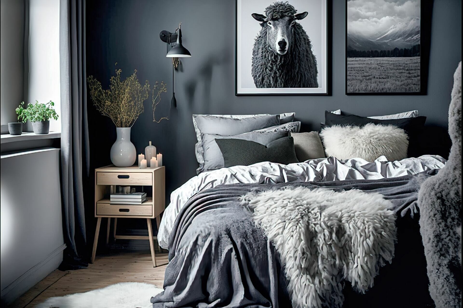 A Scandinavian Style Bedroom With Black And Grey Accents – This Bedroom Is Decorated With Black And Grey Colors For A Chic And Modern Look. The Walls Are A Light Grey, While The Bed Frame And Nightstand Are A Charcoal Wood. To Complete The Look, A White Sheepskin Rug Lies On The Floor, And Art Prints With Black And Grey Colors Hang On The Walls.